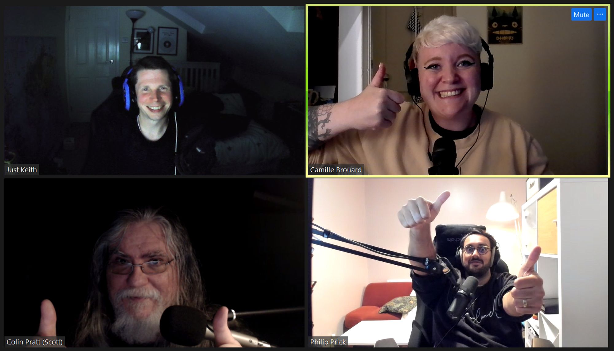 Screenshot of Joe, Camille, Scott, and Kuran from the How We Roll podcast on a Zoom call