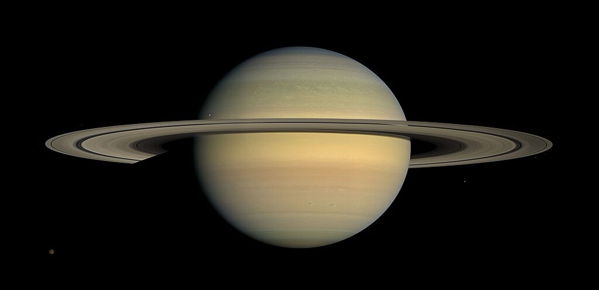 Cassini image of Saturn. The sun is behind us and the facing hemisphere and rings are fully lit