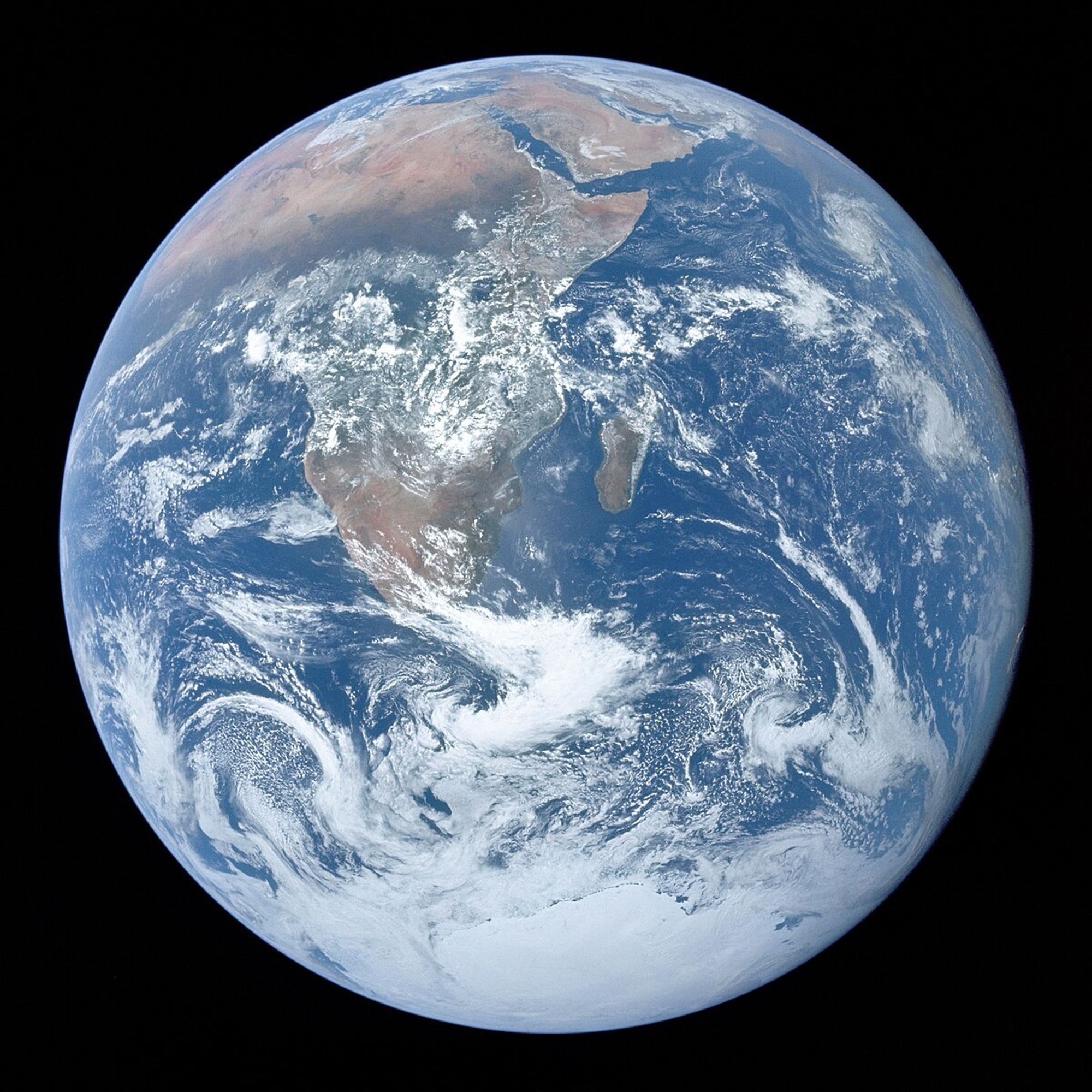 “The Blue Marble” Apollo image of Earth.  The Arabian Peninsula, Africa, Madagascar, and Antarctica are all in view