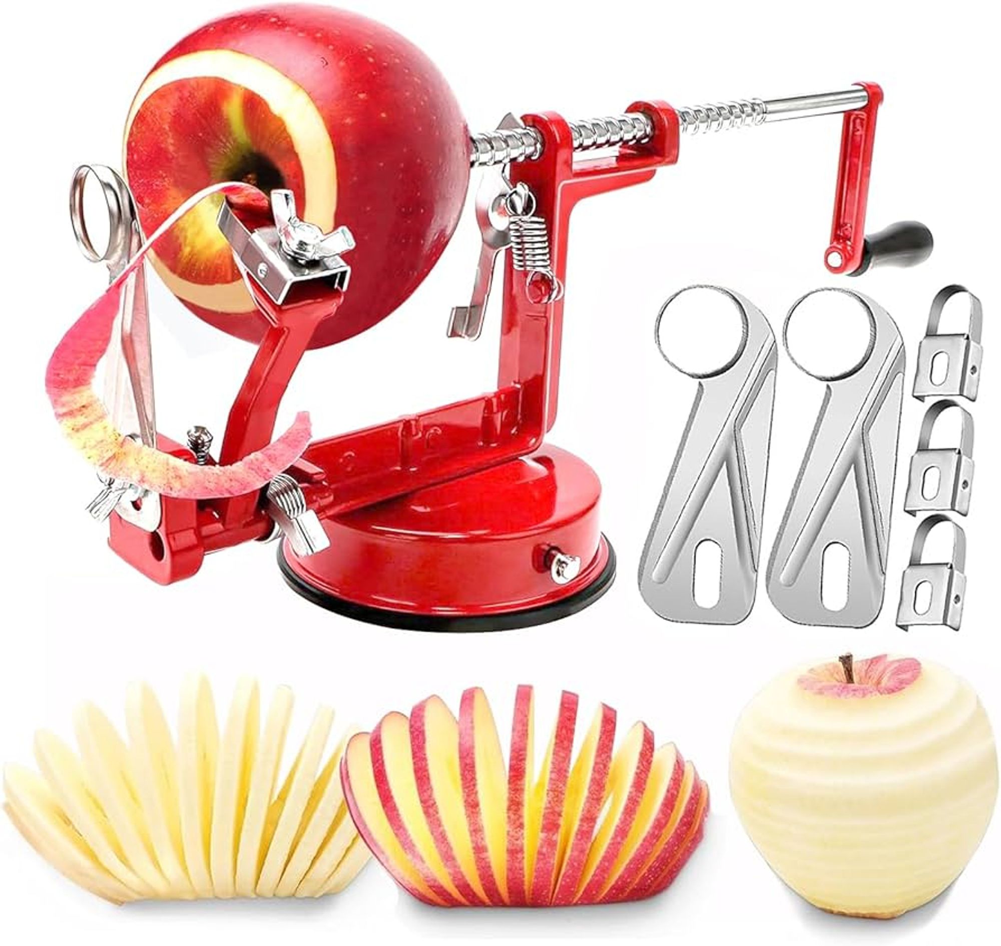 Product photo montage of a corkscrew apple peeling contraption that clearly works and can even sort of Julianne cut an apple just by spinning it along a tensioned spiral path