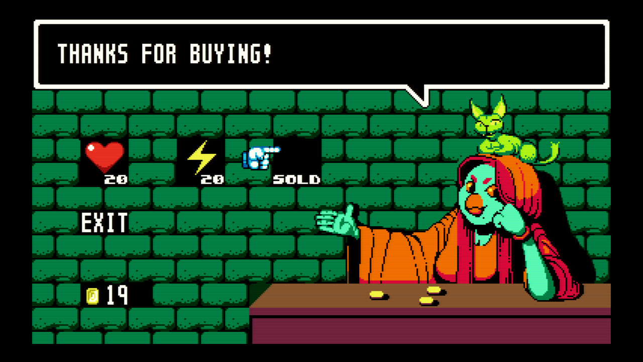 Screenshot from the video game UFO 50, specifically the shop screen of the subgame Velgress, depicting scan-lined pixel art of a cute, curvy redheaded parrot lady leaning on a counter with a green cat gremlin perched on her head. She's gesturing in front of the shop interface and saying "THANKS FOR BUYING!"