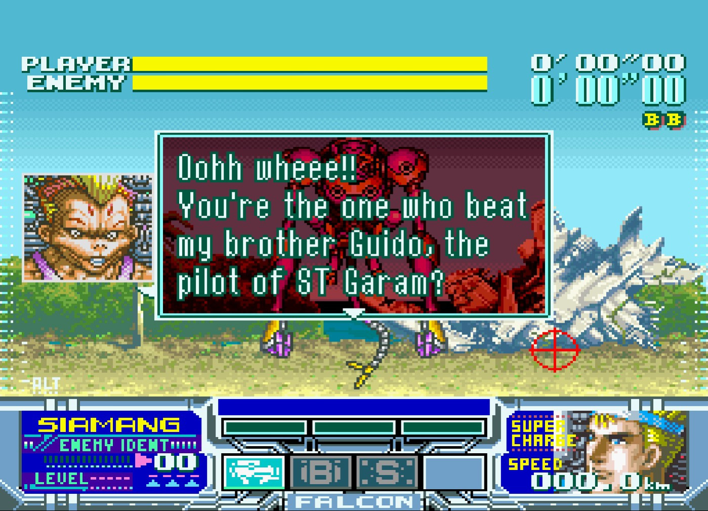 Screenshot from the Nintendo Super Scope sequel to Battle Clash... Metal Combat: Falcon's Revenge.
The strange-looking pilot of the ST Siamang (Standing Tank, a type of Mecha) introduces himself via a text box reading, "Oohh wheee!! You're the one who beat my brother Guido, the pilot of ST Garam?"