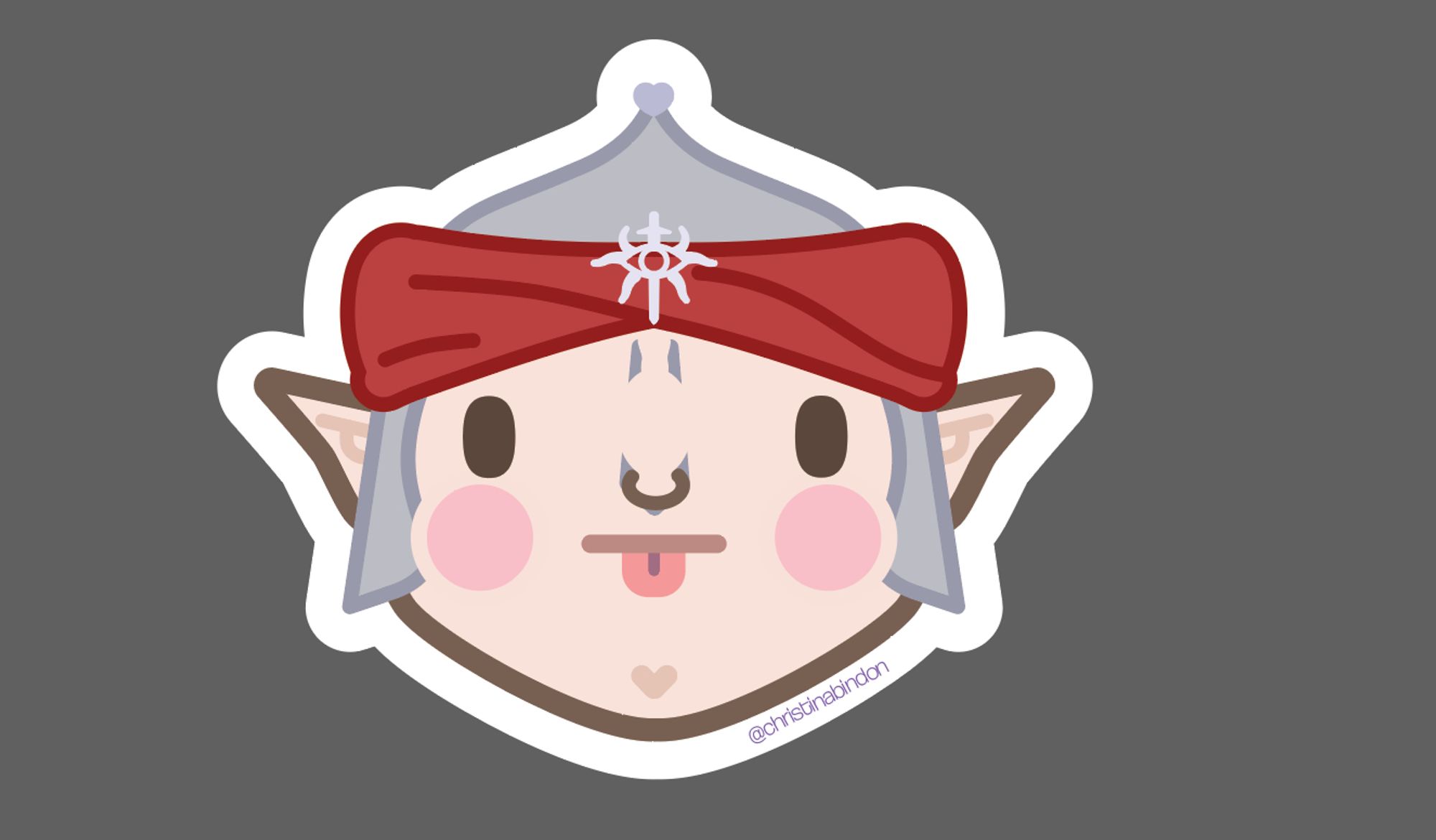 a solas sticker i've mocked up where he's wearing that hat from Halamshiral and it's clipping into his nose. He is sticking out his lil tongue