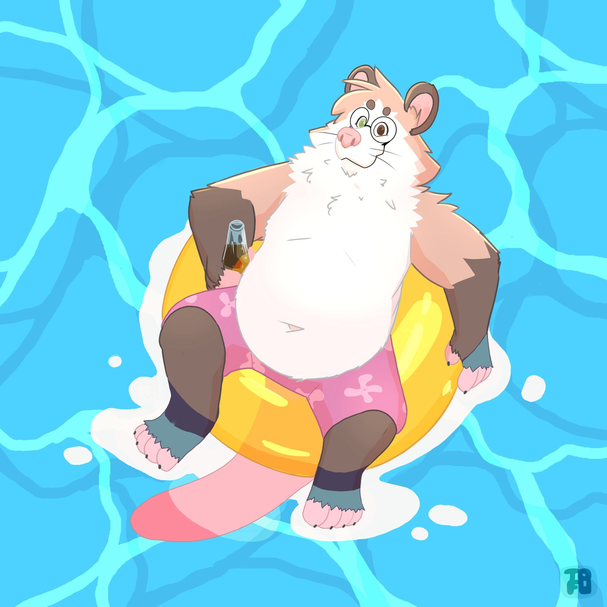 A drawing of an anthropomorphic opossum relaxing on the water while floating on a yellow inflated inner tube. He is wearing purple swim trunks and is holding a drink in his right paw as he looks happily up at the viewer.