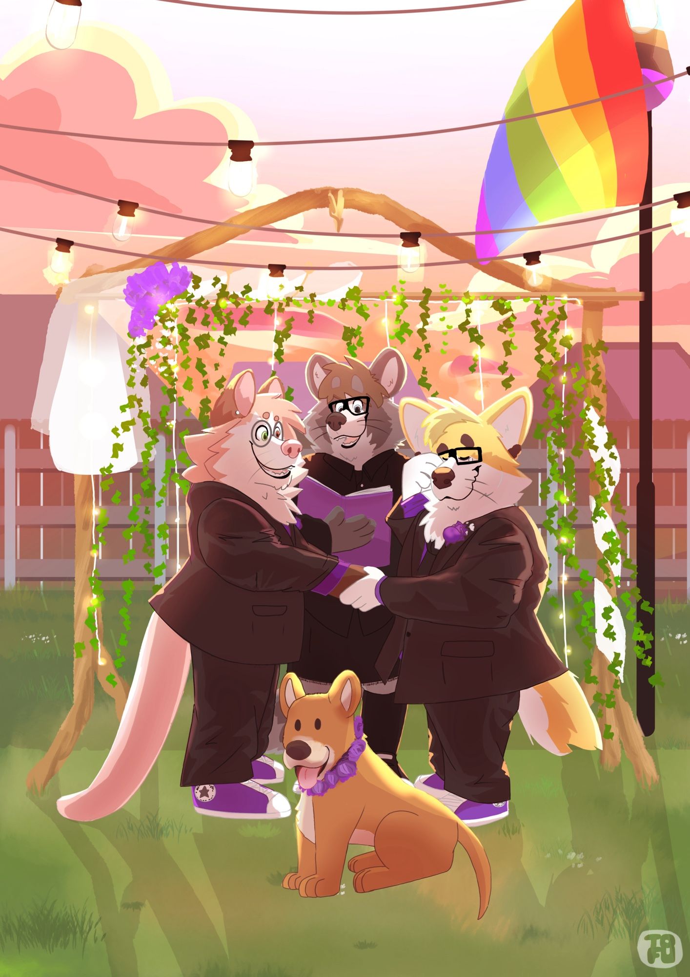 A wedding scene between two anthropomorphic opossum and corgi characters during a cozy sunset. An anthropomorphic raccoon character is in the background officiating the wedding while a regular dog character sits near the foreground. A rainbow flag flies near the top right corner of the scene.