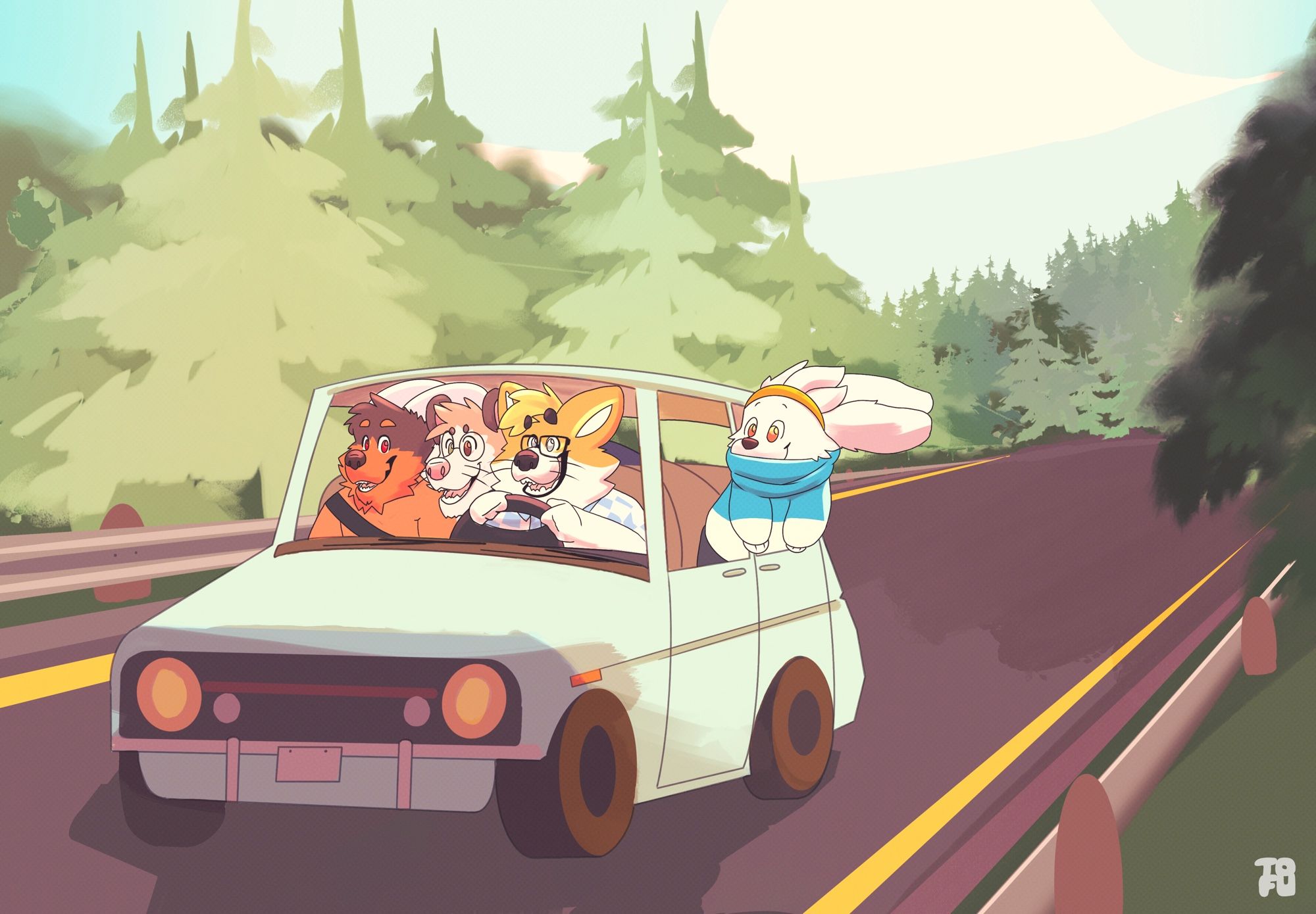 A digital painting of a vehicle packed with 4 anthropomorphic characters of various species.