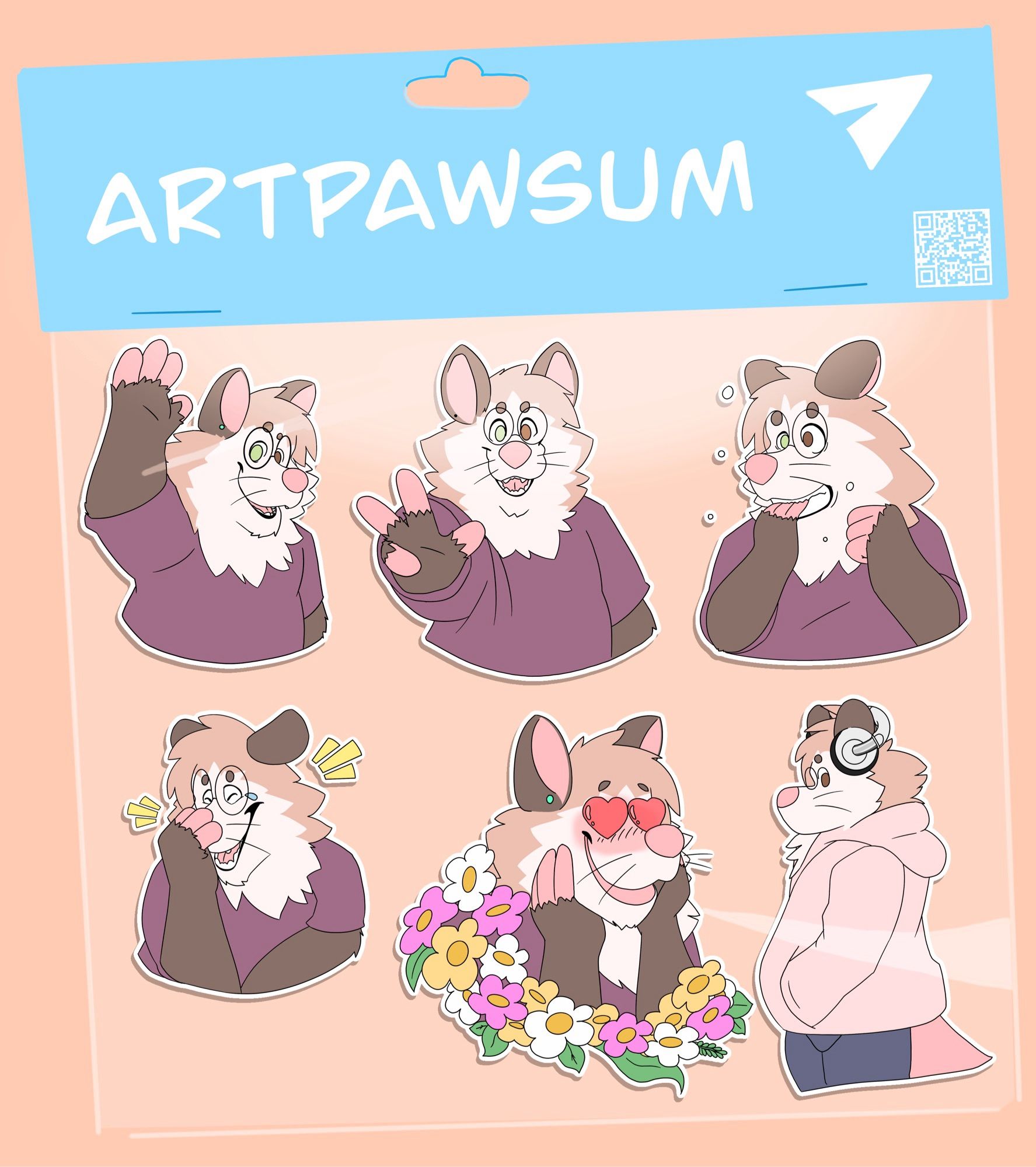 A sticker pack of an anthropomorphic opossum character in various poses, arranged in a 2x3 grid.