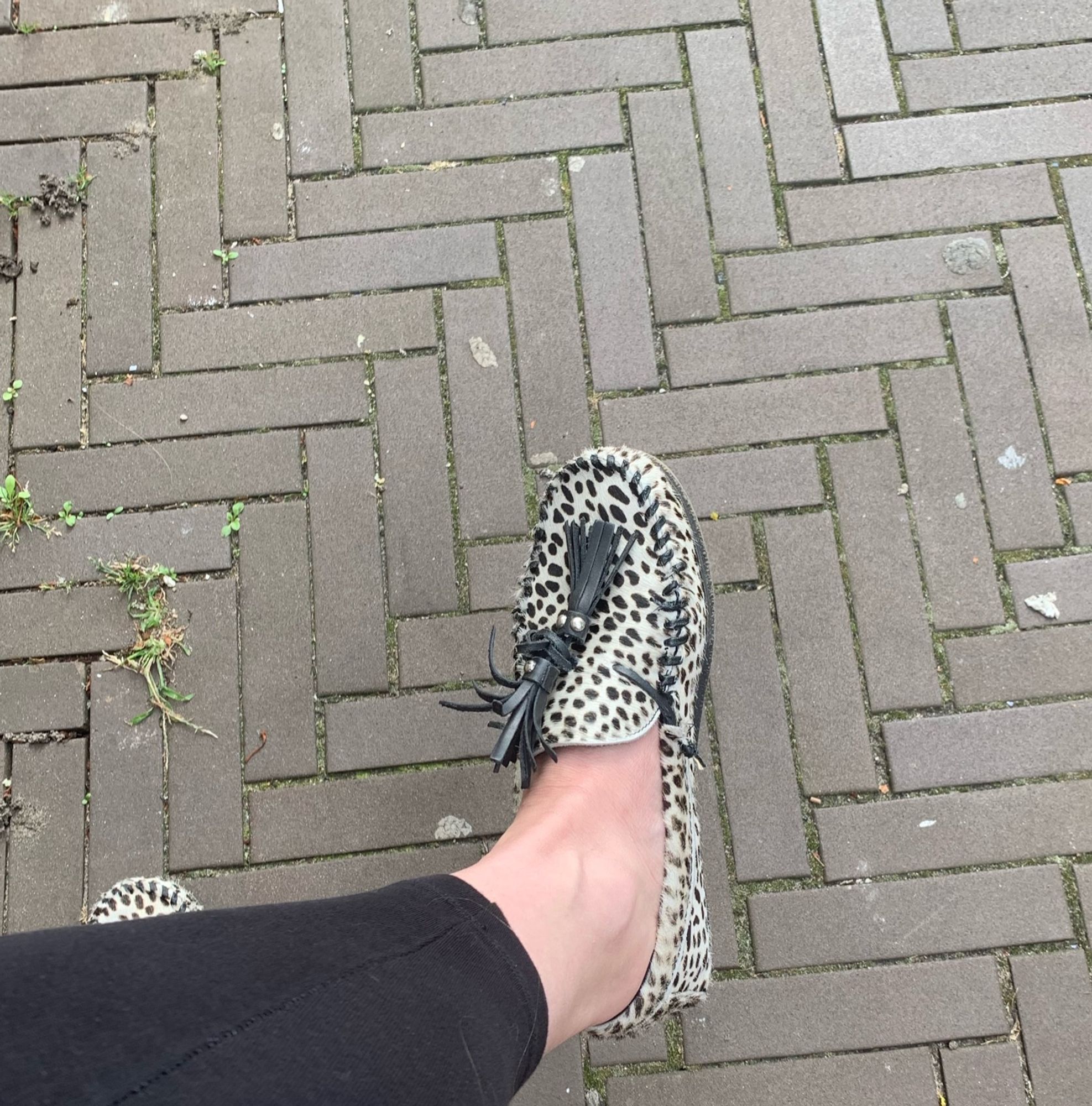 Bruine straatsteentjes. Zwarte legging en een wit met zwarte vlekjes schoen