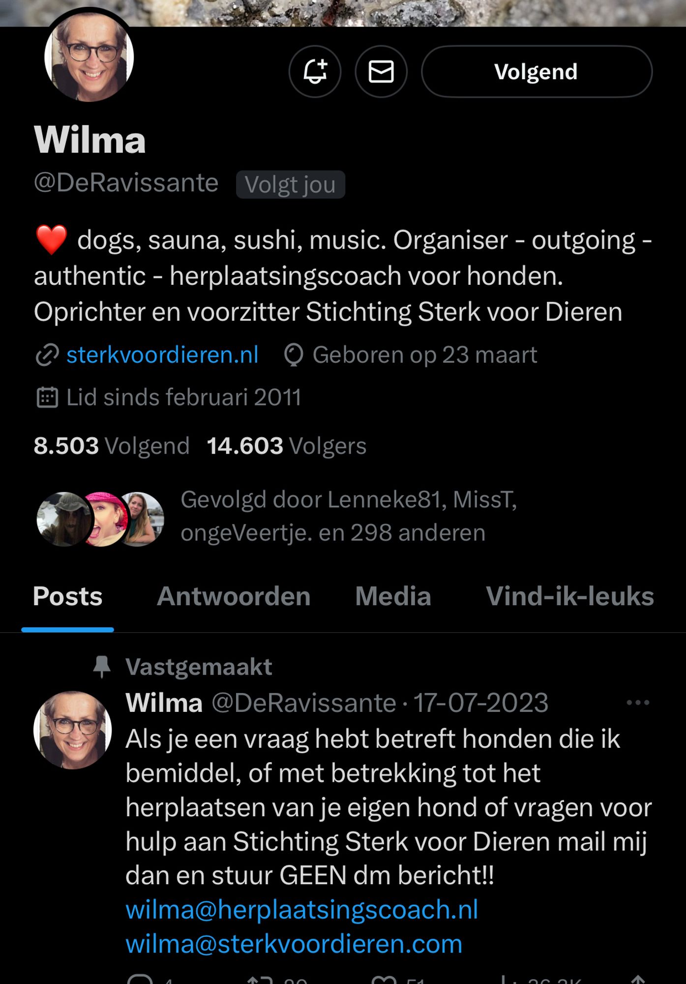 Screenshot van hoofdpagina van Wilma @deravissante op X