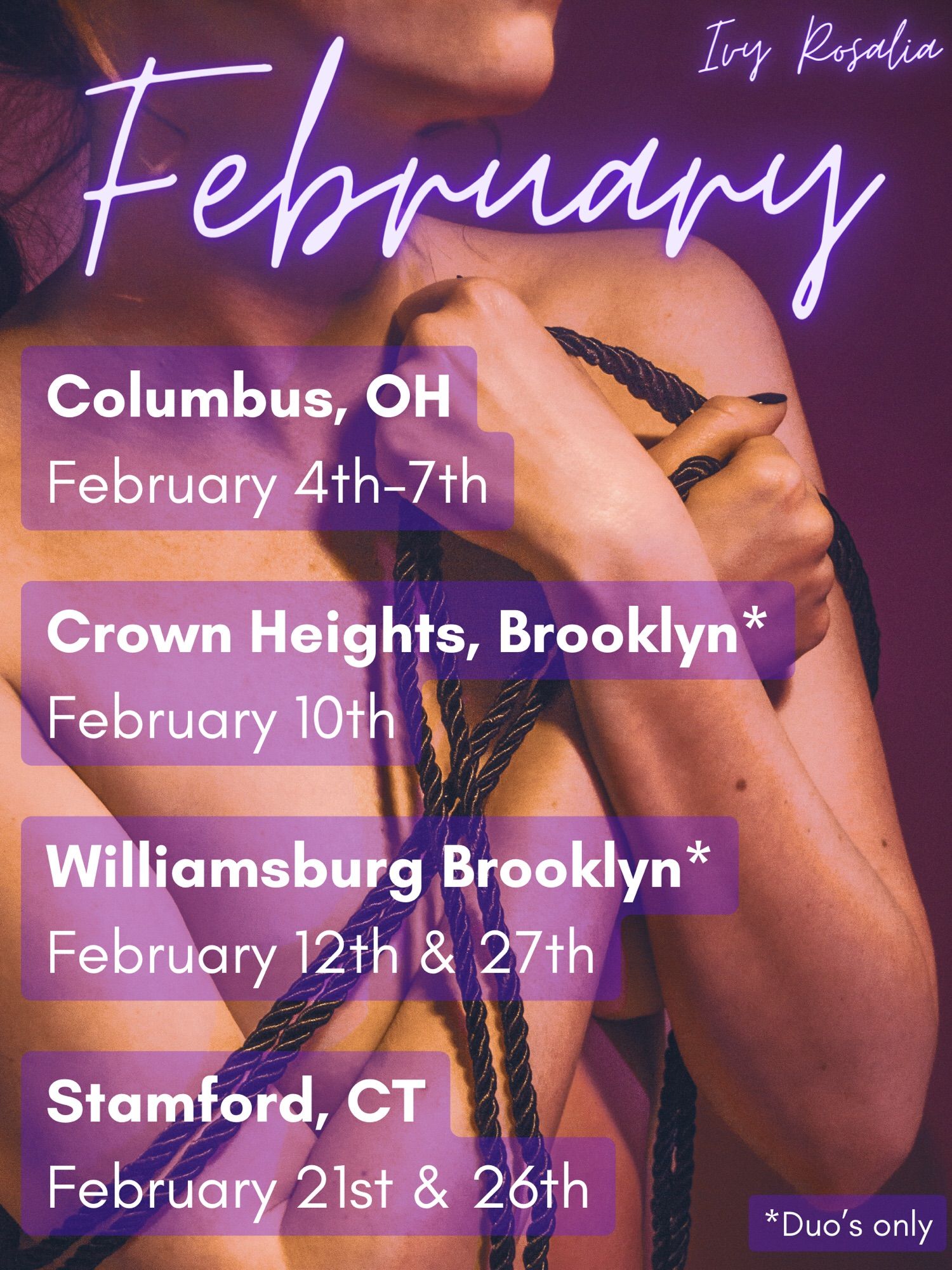 Ivy’s February schedule with a background photo of her, suggestively nude, holding a shibari rope.