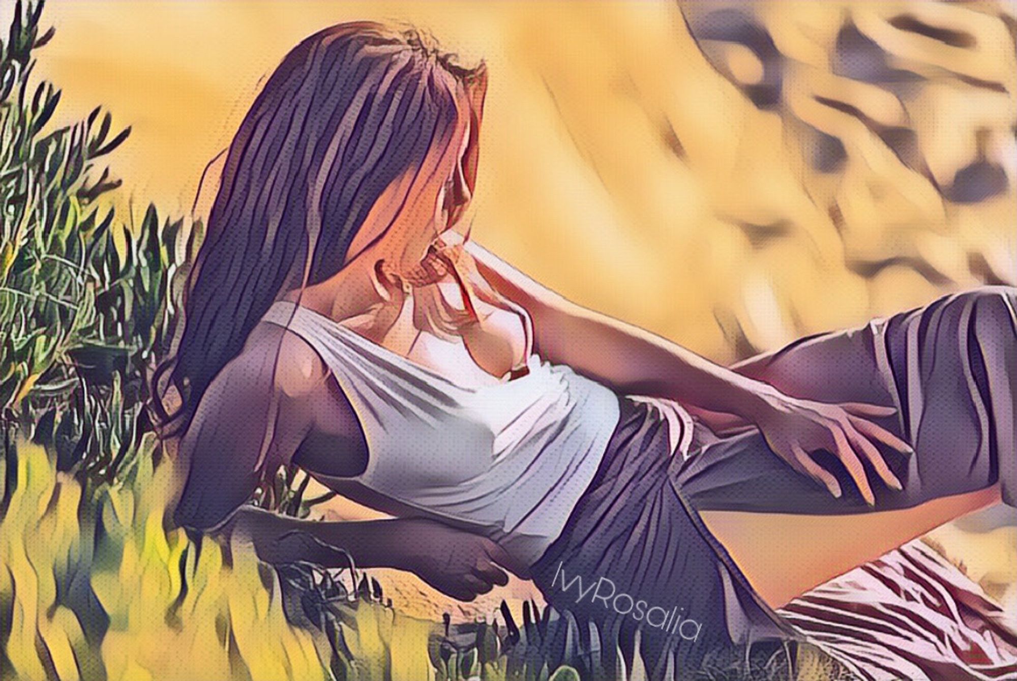 An AI filter photo of Ivy: Ivy resting against rocks and succulents, gazing down in thought. White top, beige slitted skirt