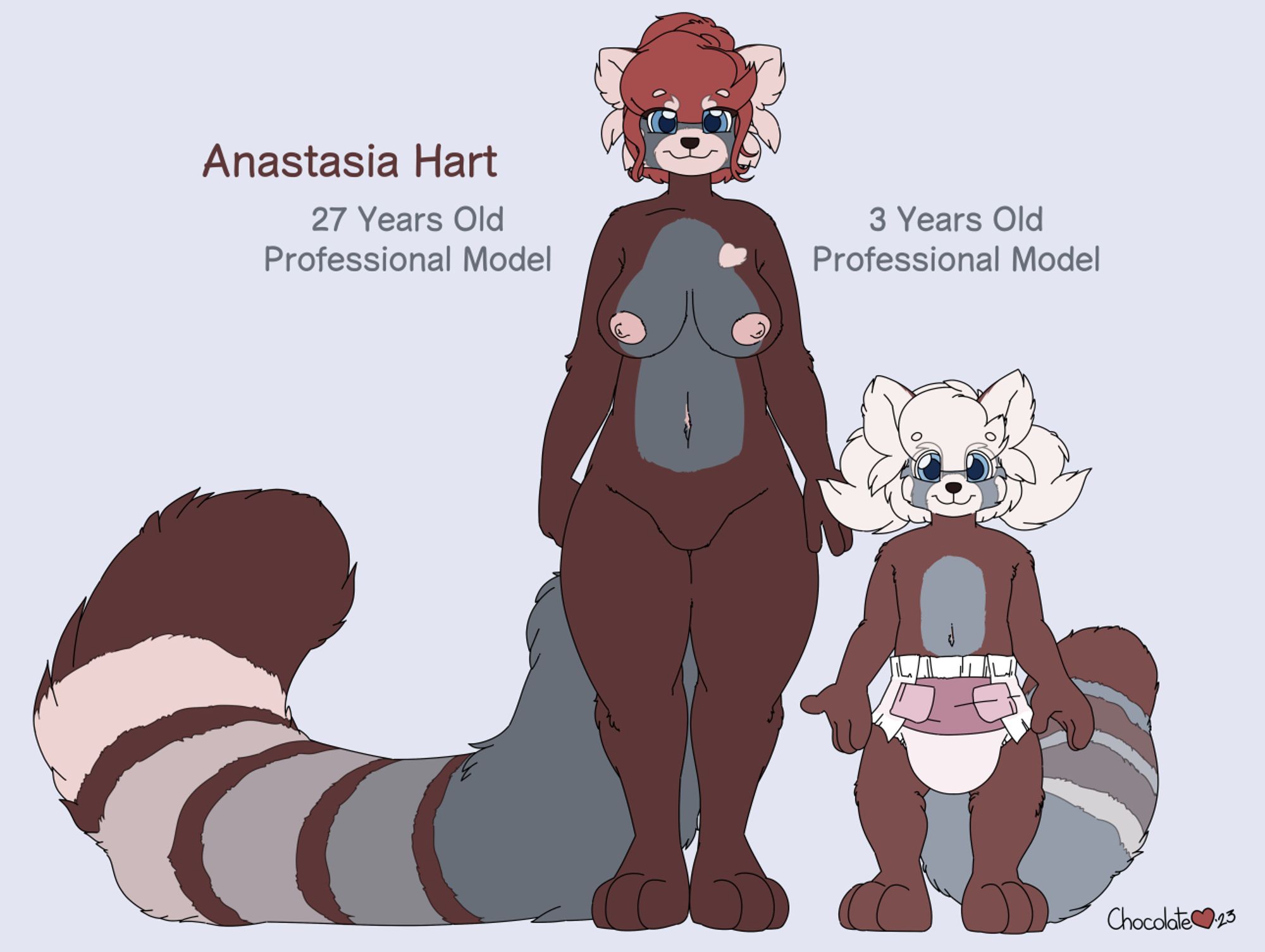 A character design sheet of a red panda, adult and regressed.