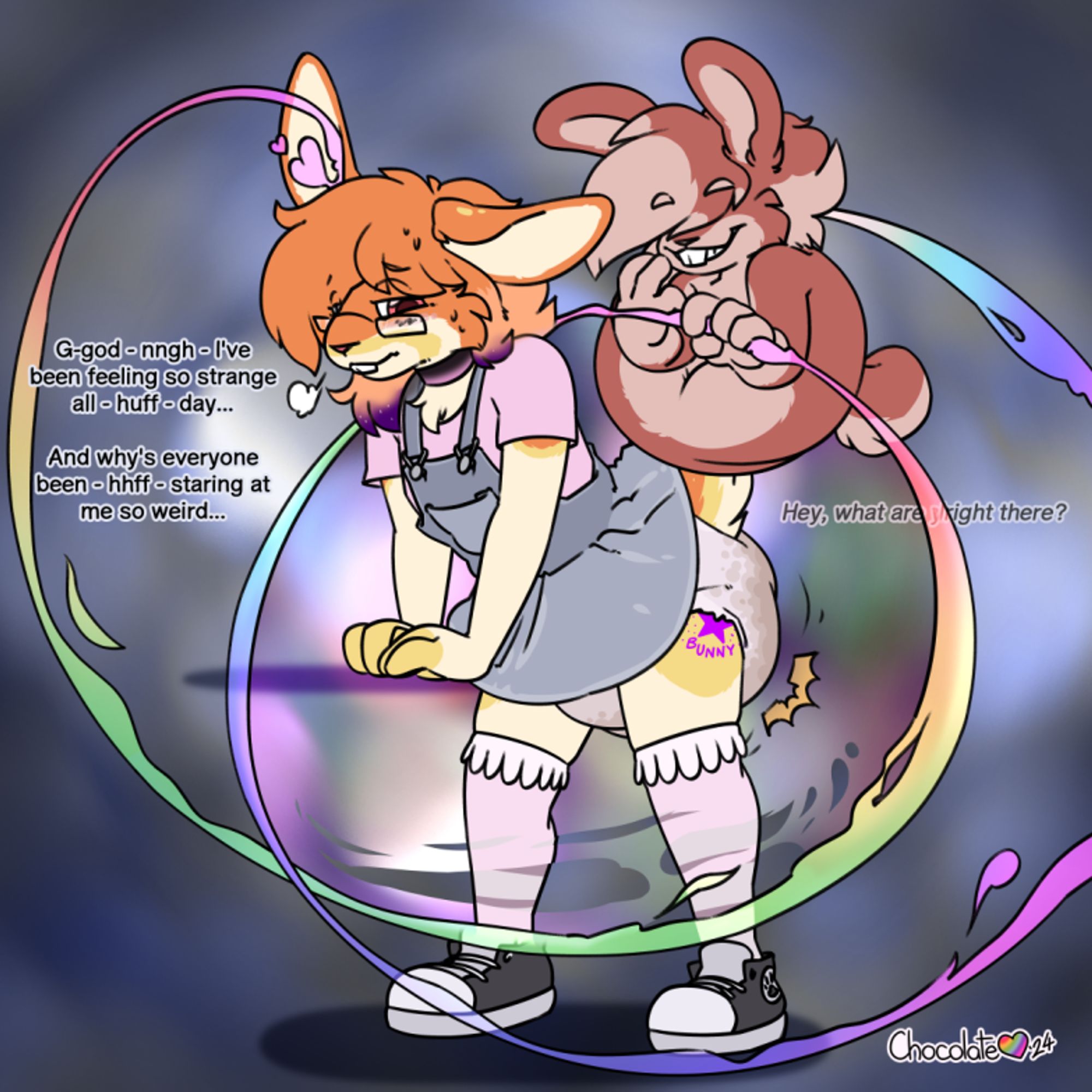 A punky rabbit stands, bracing themselves while looking winded. A ghostly, mischievous rabbit encircles them while they express feeling weird and wondering why everyone keeps looking at them. A window formed by the ghost's trail reveals that the rabbit is wearing a frilly skirtall and a messy diaper.