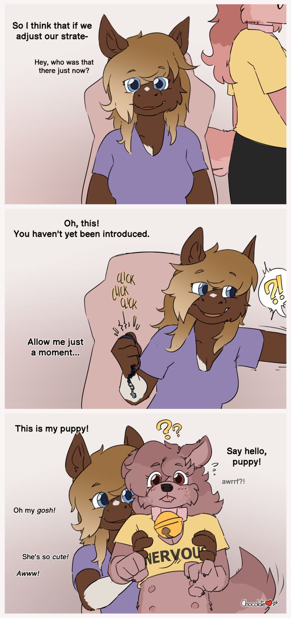 A comic showing a horse from the POV of a camera while she's having a conference call. A bunny girl walks past behind her in the first frame. Someone asks who it was. In the second, she reaches off-panel towards the bunny while repeatedly using a dog clicker; the bunny expresses surprise. In the third, the horse is holding up a confused-looking puppygirl, while the others in the call fawn over how cute she is.