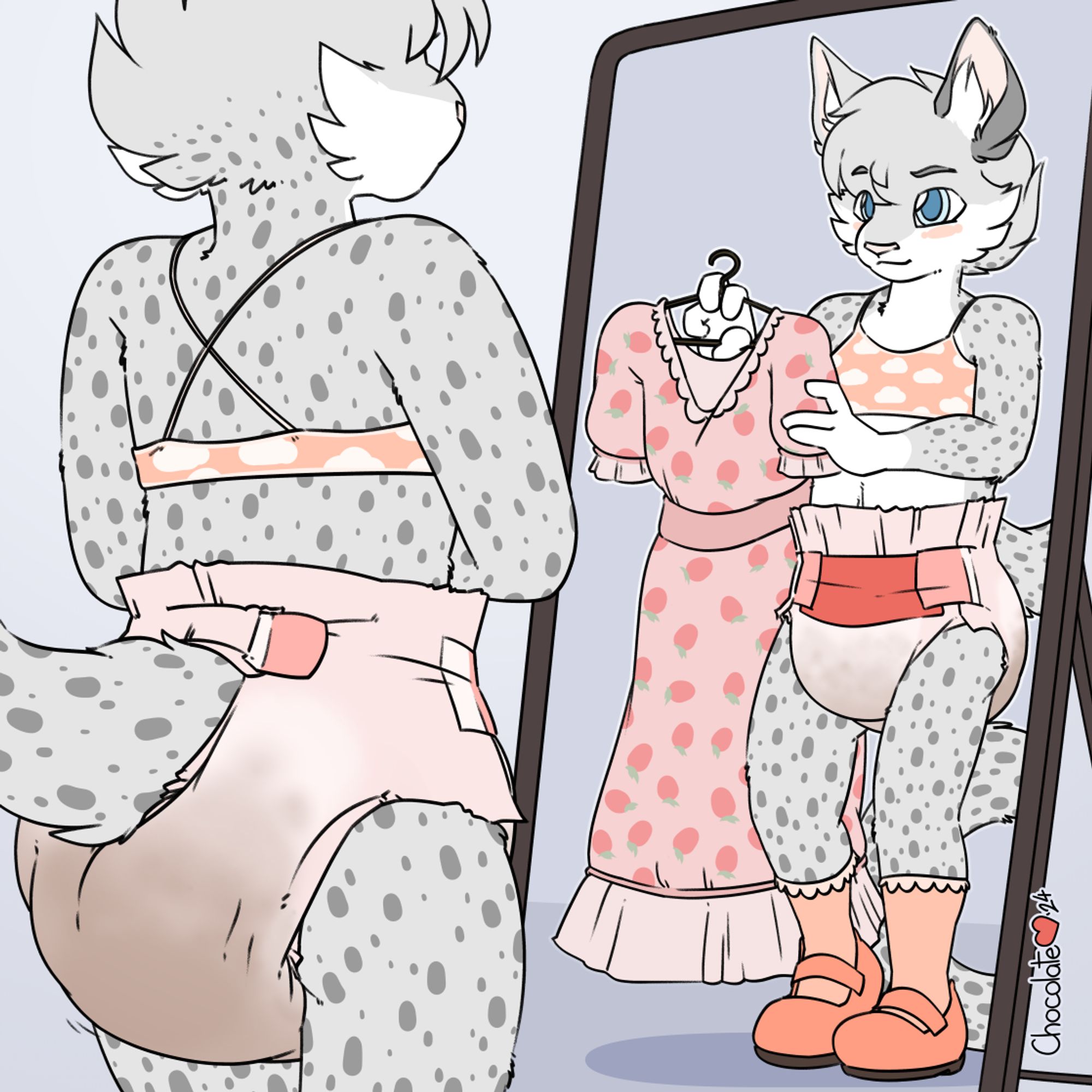 A cat standing in front of a mirror, both back and front visible. They are wearing a heavy and well used diaper and a bralette, while holding up a strawberry-print dress up beside themself.