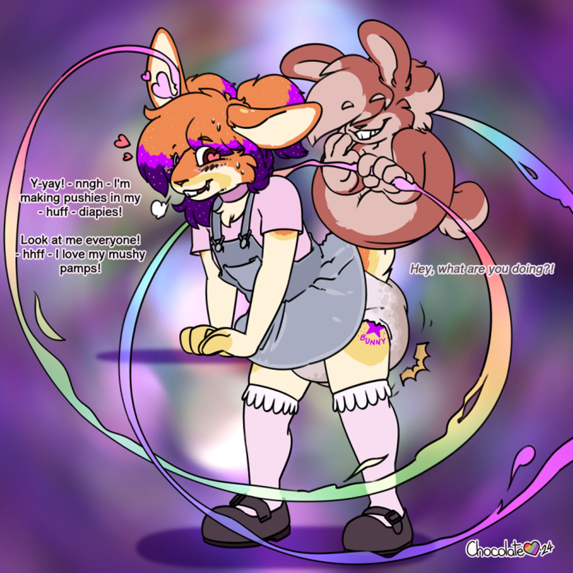 A sissy rabbit stands, bracing themselves while looking excited. A ghostly, mischievous rabbit encircles them while they express feeling so excited that they're messing their diapers and showing them off to everyone around them.