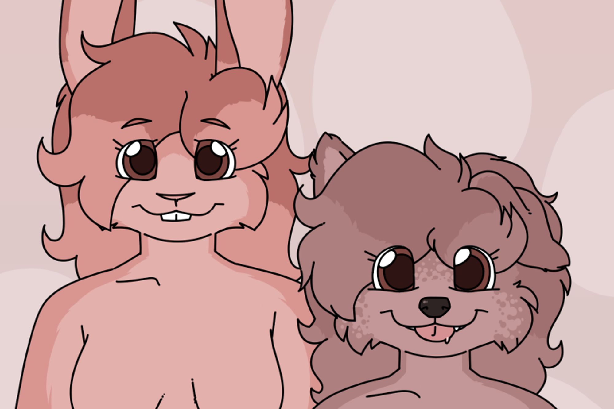 A pink bunny and brown puppy standing side by side.