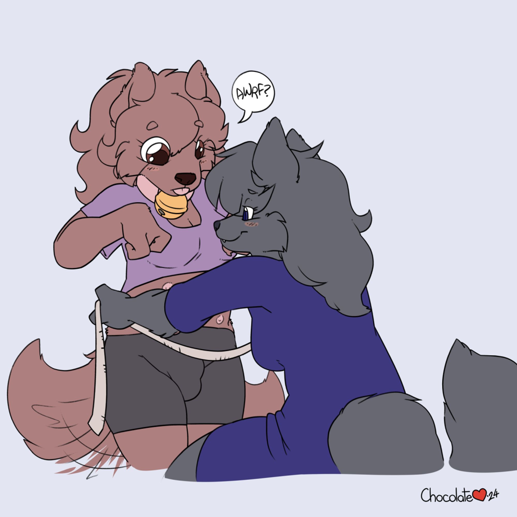 A vixen holds a measuring tape up to a confused-looking puppygirl, who holds her paws up to her chest.