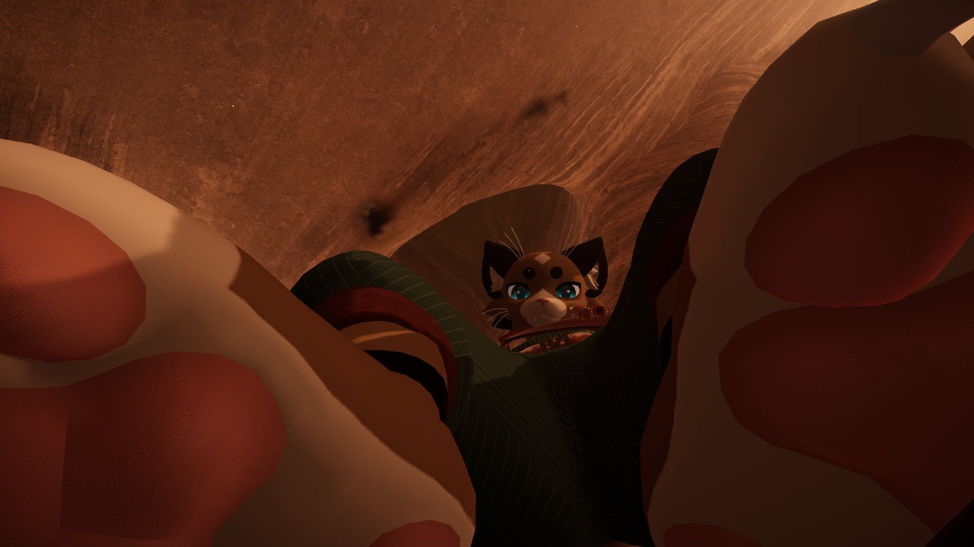 low angle vrchat screenshot of pinball, looking down at the viewer, who sits between his paws