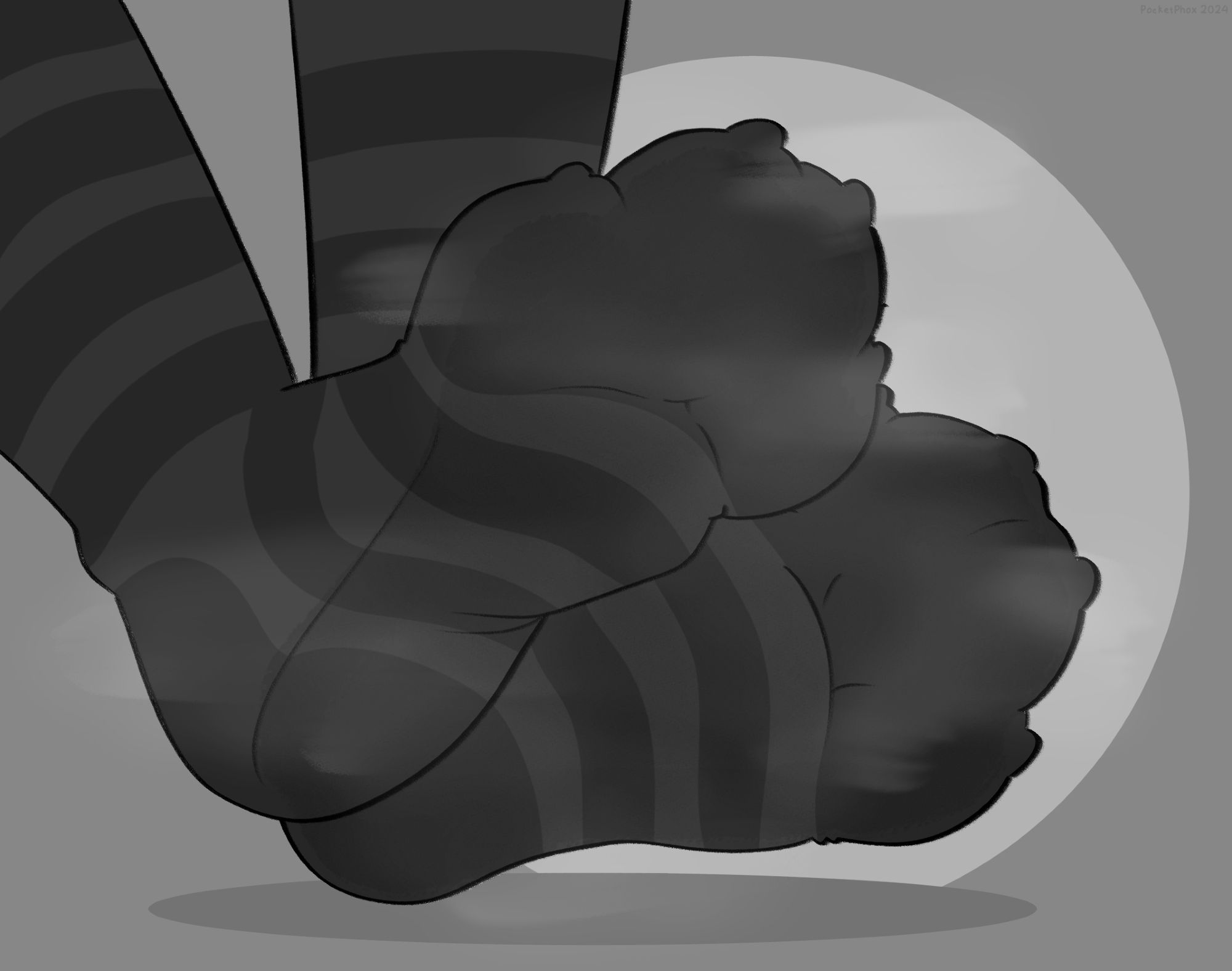 a pair of paws clad in long dark striped socks, soles presented to the viewer, with clouds of steam surrounding them