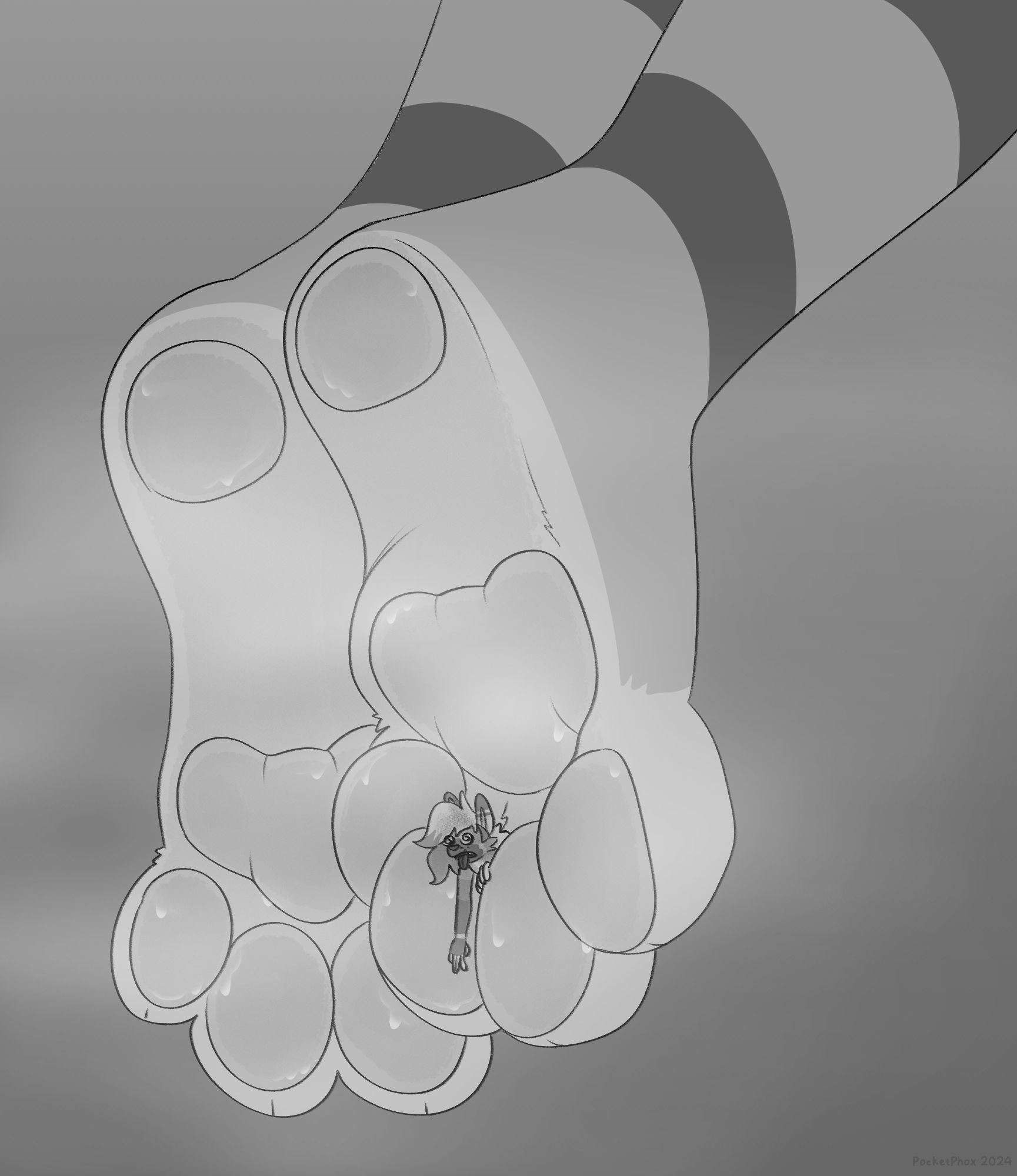 pinball's paws, soles out, surrounded by clouds of steam and dripping with sweat. phox's upper body pokes out from between two of the cat's toes, looking positively dizzy and exhausted