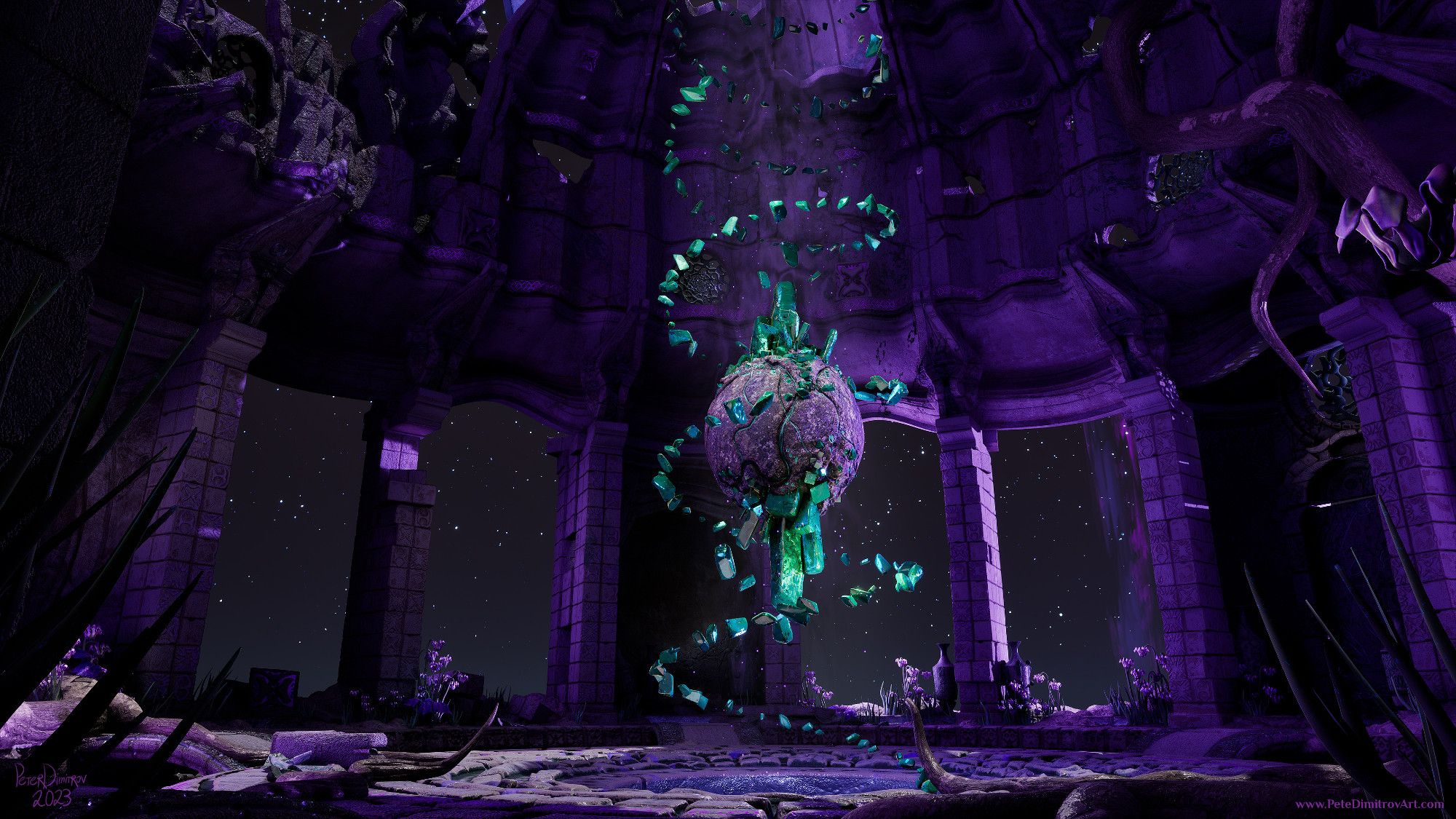 The angle in this image is identical to the previous one but now all of the walls are missing and the entire scene is lit into an aggressive, alien, outer space purple color. The crystal in the middle and the spiral around it are not colored in a green aquamarine shade. UE5 screenshot.