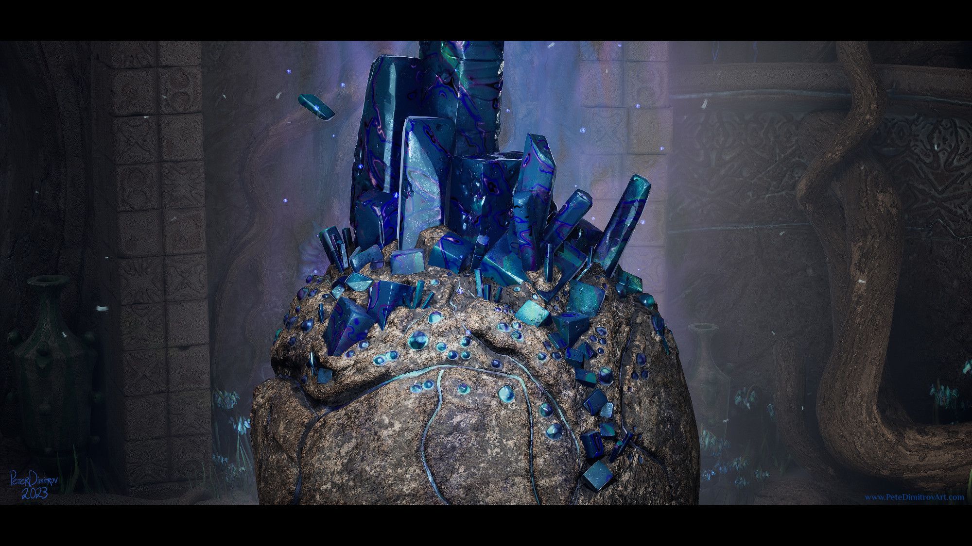 A close up camera look at the rock orb and the crystals attached to it. The shards on top are geometrical and square, while the smaller ones towards the middle begin to look like little orbs and be circular.
Around the orb is a blue glow going upwards. In the background there are roots and vases. UE5 screenshot.