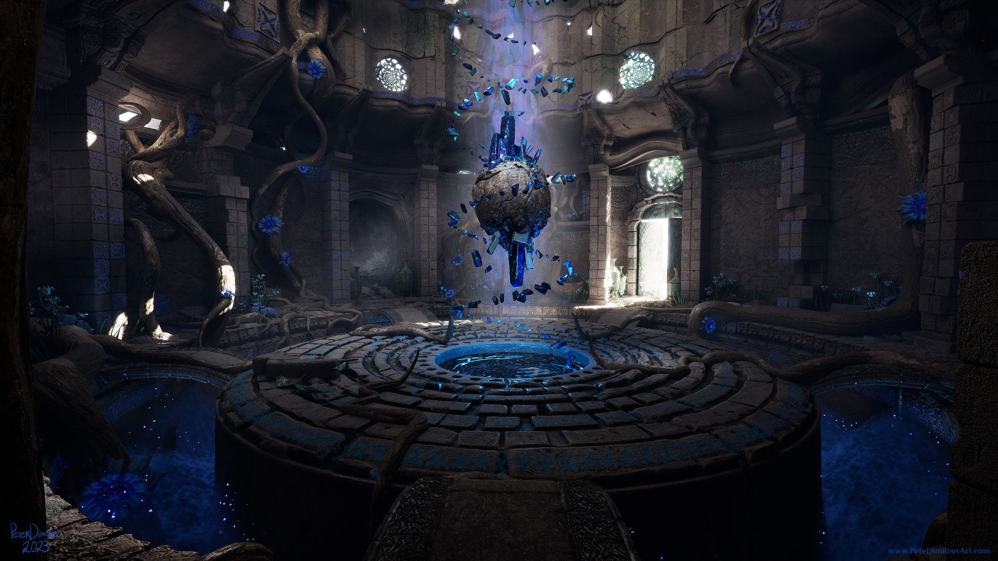 A rock orb floats in the middle of the scene with lots of blue shards attached to it. There is also a spiral of small shards floating around it. It is inside a ruined interior that has a blue vortex under it. In the outsides of the circular platform there are large gaps with blue fox and blue fairy lights. There is a door leading to an outside area and lots of blinding light spills from there. UE5 screenshot.