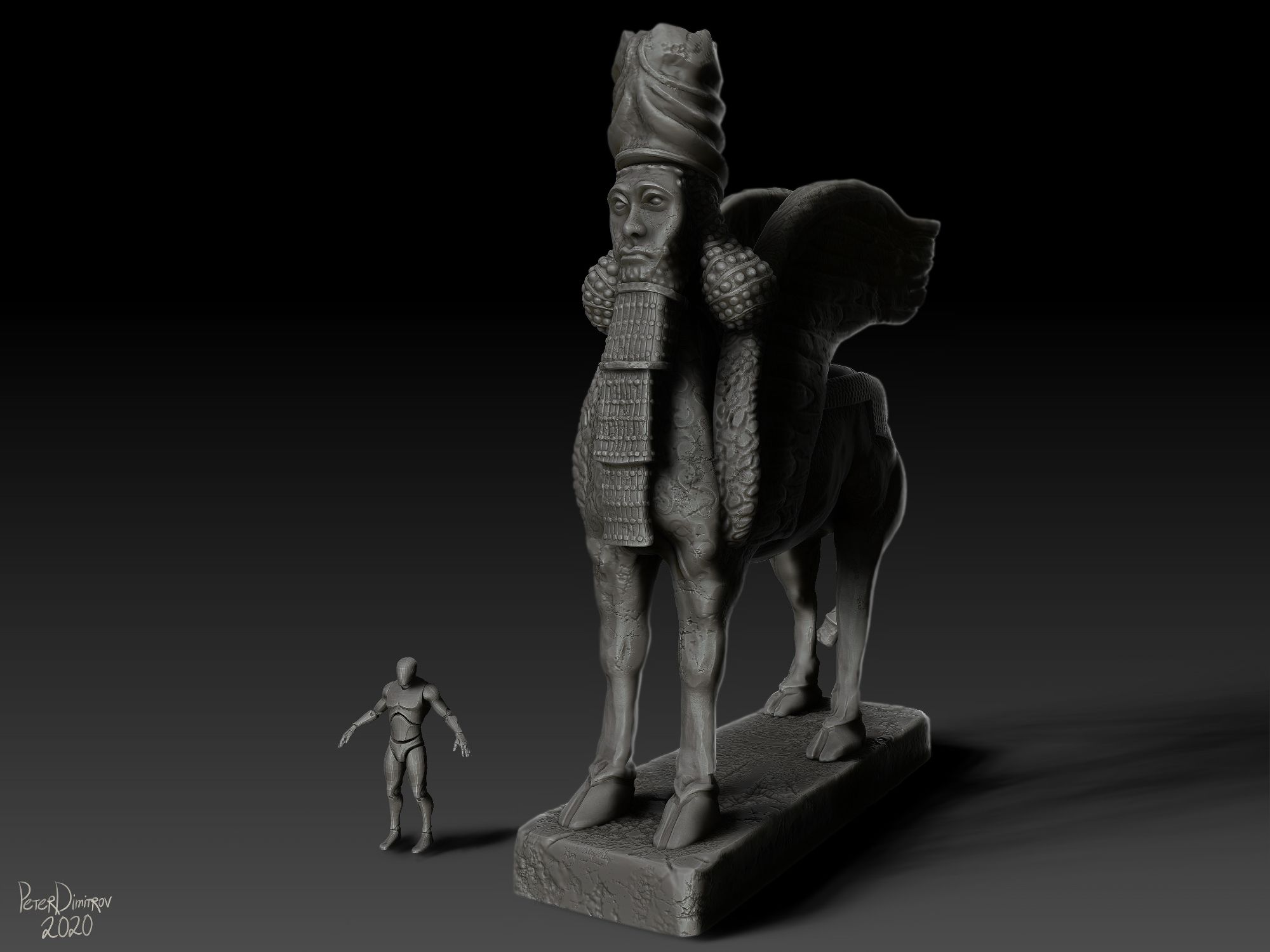 Another Zbrush render. This one depicts a large statue. It is a Lamassu that is portrayed as a hybrid. Has body of either winged bull or lion and a human head. Artwork is inspired by Mesopotamian Mythology & ancient Sumerian and Assyrian art. One can observe the scale of the statue because next to it there is an Unreal scale mannequin. The statue is rendered in cold gray matcap material. 2020.