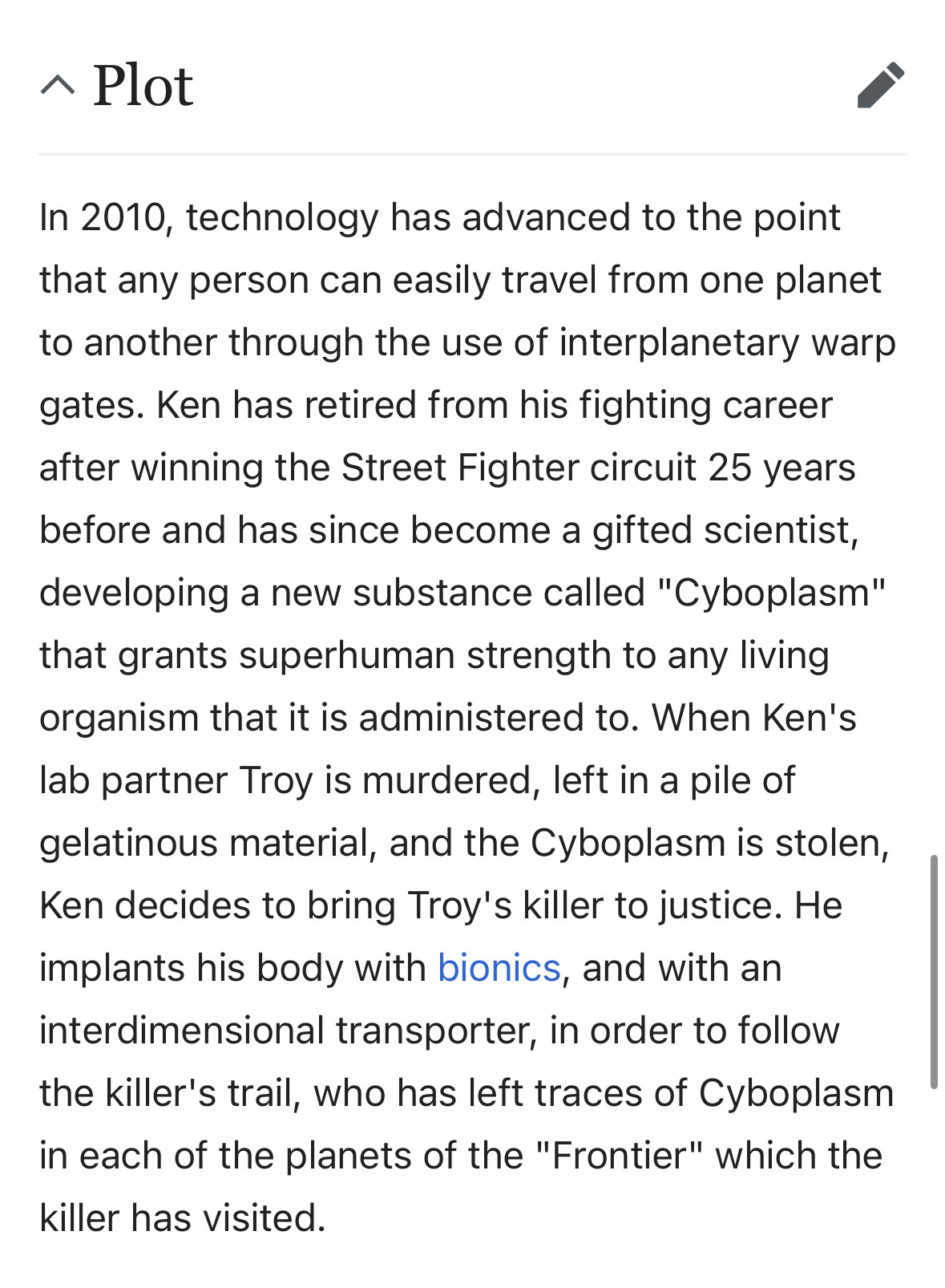 A plot synopsis of Street Fighter 2010 - a video game that accurately predicted the year 2010.