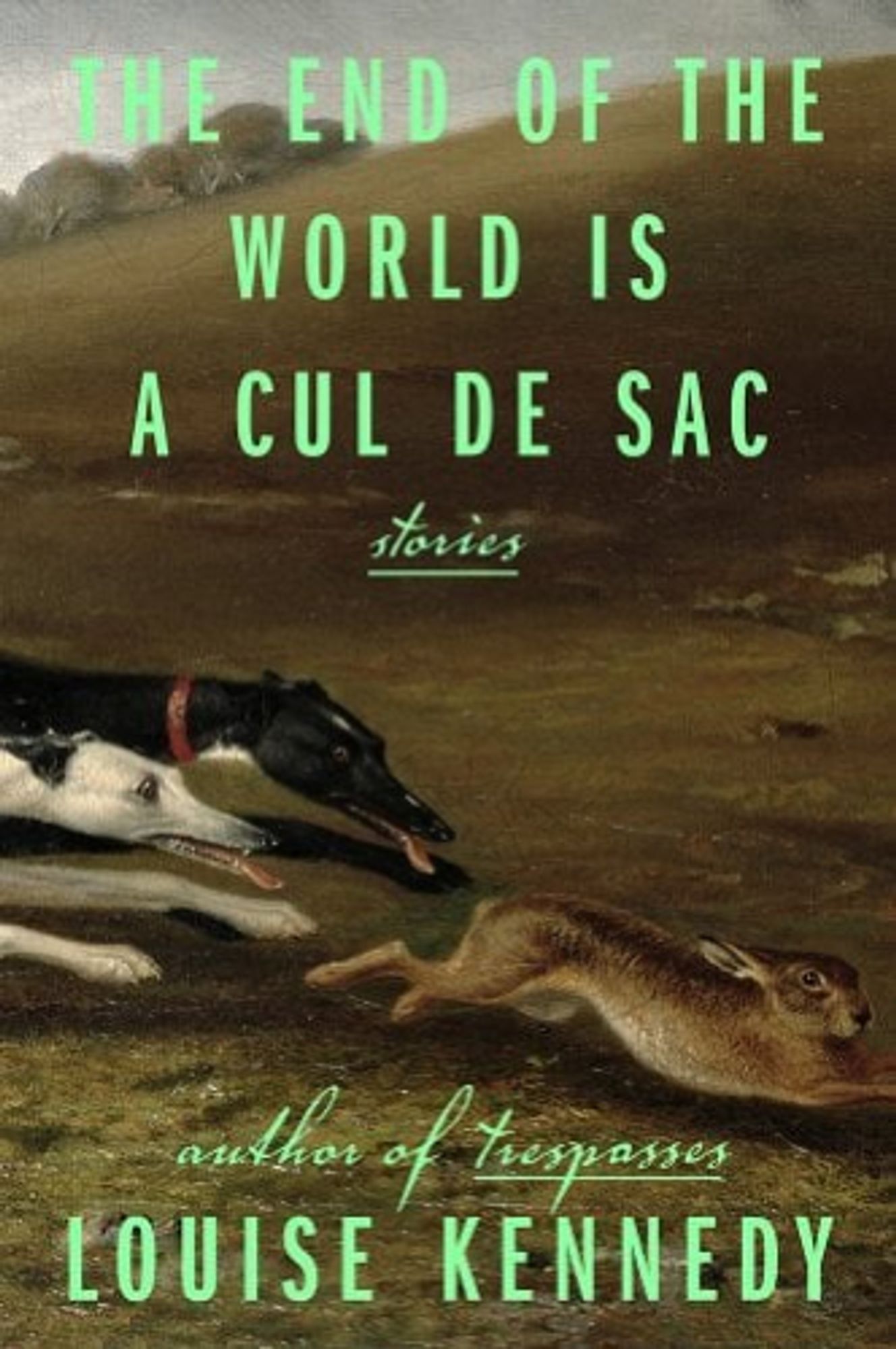 THE END OF THE WORLD IS A CUL DE SAC by Louise Kennedy. Cover image is one black dog and one white dog chasing a brown rabbit in a green field.