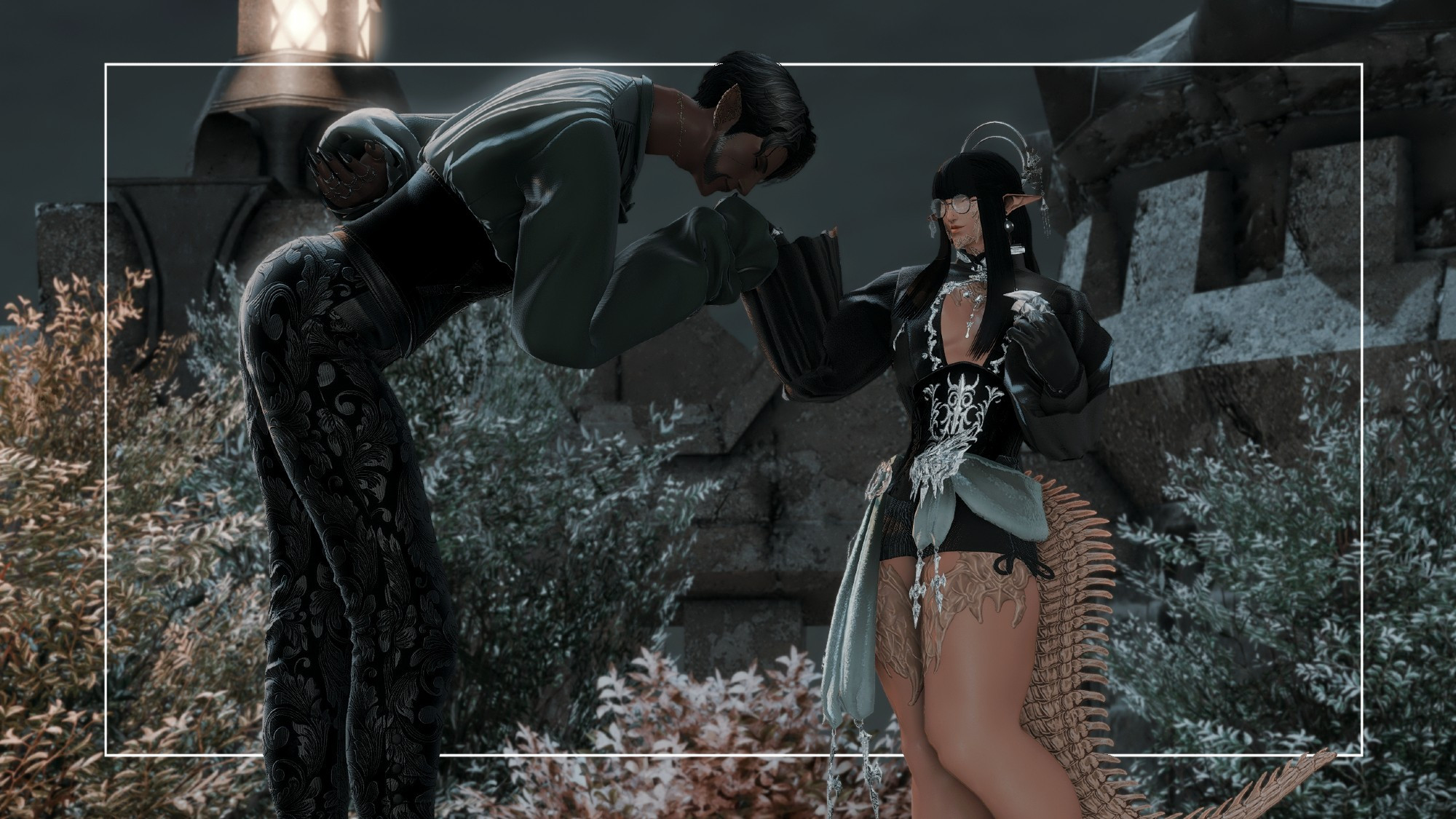 A male Duskwight Elezen man with black hair, elegant, black floral pants and an elegant green top with a black corset, dark jewelry on his rings, and neon green scar around his neck, black short hair with subtle hints of grey. The Elezen is leaning down to plant a kiss on a male Raen Au Ra shorter than his height. The male Raen Au Ra is wearing a gothic top with a black and silver corset, silver accents up to the collar and a short black skirt with strings tied into a bow on his left side. He wears a silver headpiece with flowers and two hoops, one bigger than the other. He has elf ears with globe earrings, one earring with a bandage at the tip of the ear. Faint purple eyes with golden hues in them, halfway closed. He also wears black rimmed circular glasses. Long, straight hair with blunt bangs. Gloves with two silver claws at the index and middle finger.