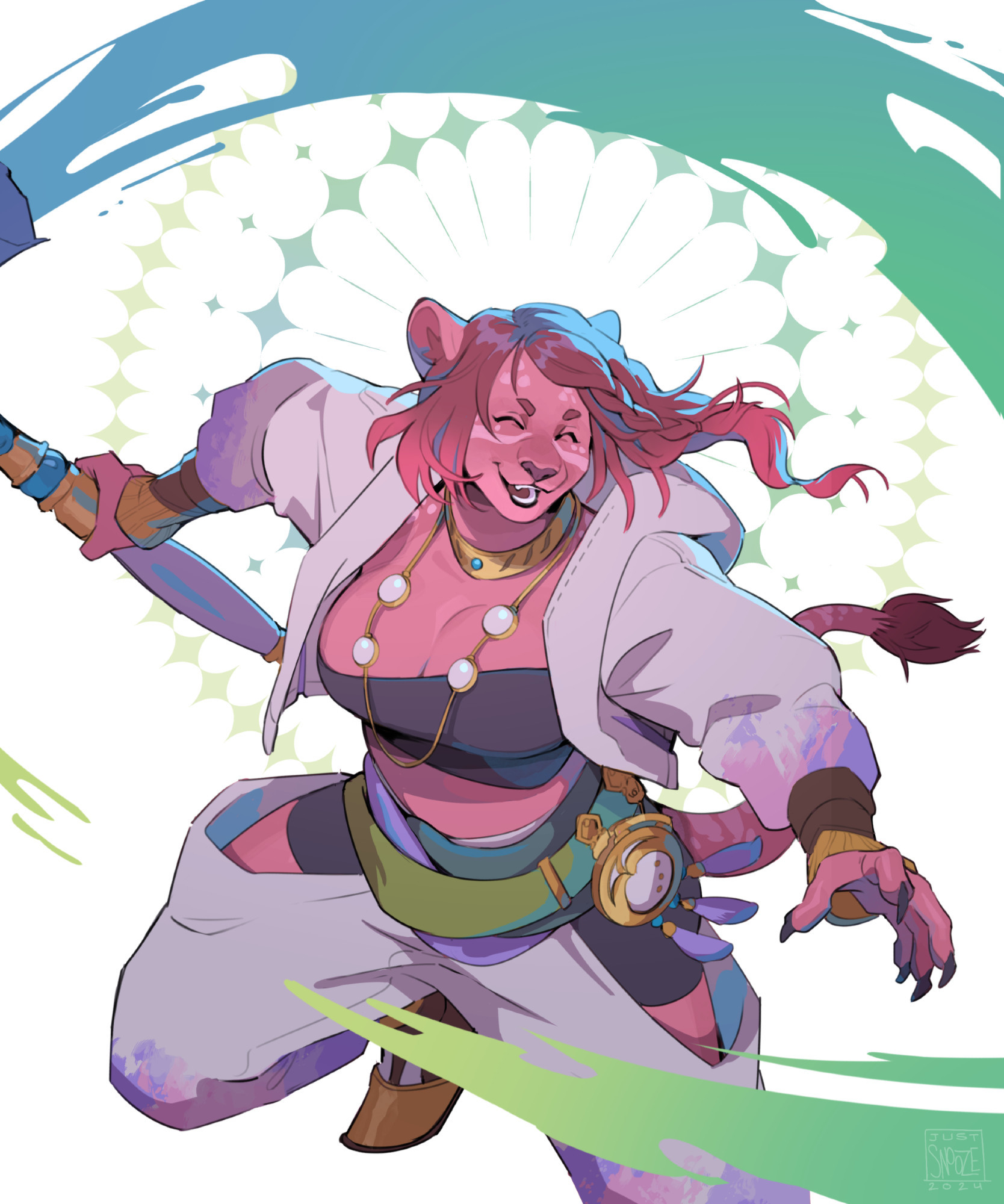 An illustration of a pink hrothgar girl dressed in Pictomancer gear from Final Fantasy XIV. She has an enthusiastic smile and is swiping her large paintbrush over her head, leaving behind a trail of blue-green paint.