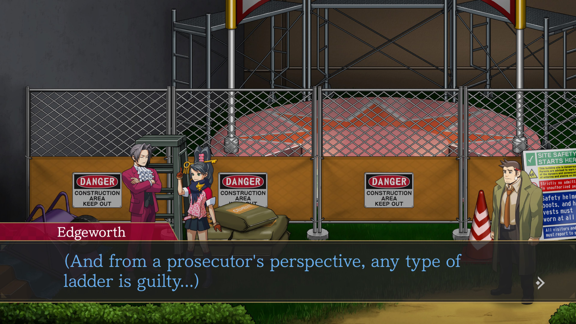 Miles Edgeworth talking to Kay Faraday about ladders vs step-ladders. Edgeworth thinks to himself: "(And from a prosecutor's perspective, any type of ladder is guilty...)"