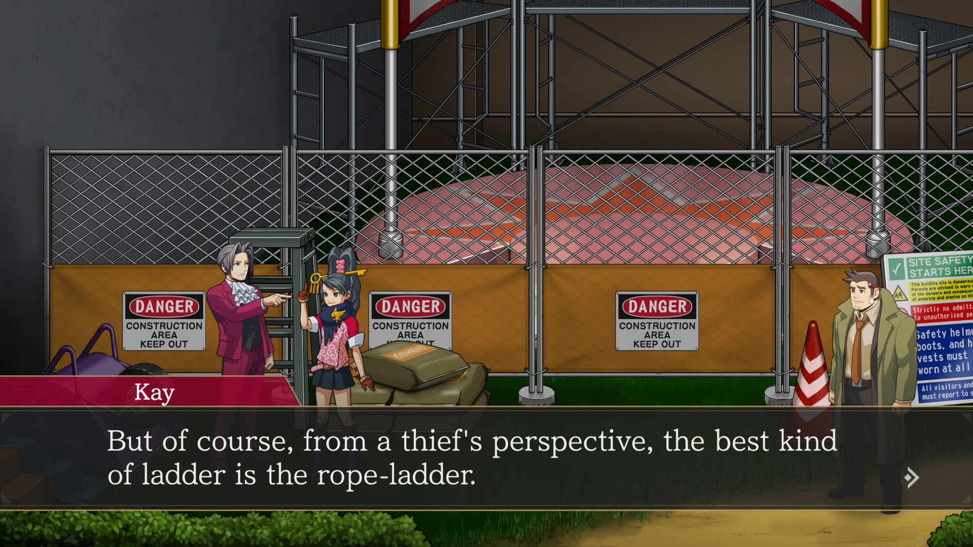 Miles Edgeworth talking to Kay Faraday about ladders vs step-ladders. Kay says: "But of course, from a thief's perspective, the best kind of ladder is the rope-ladder."