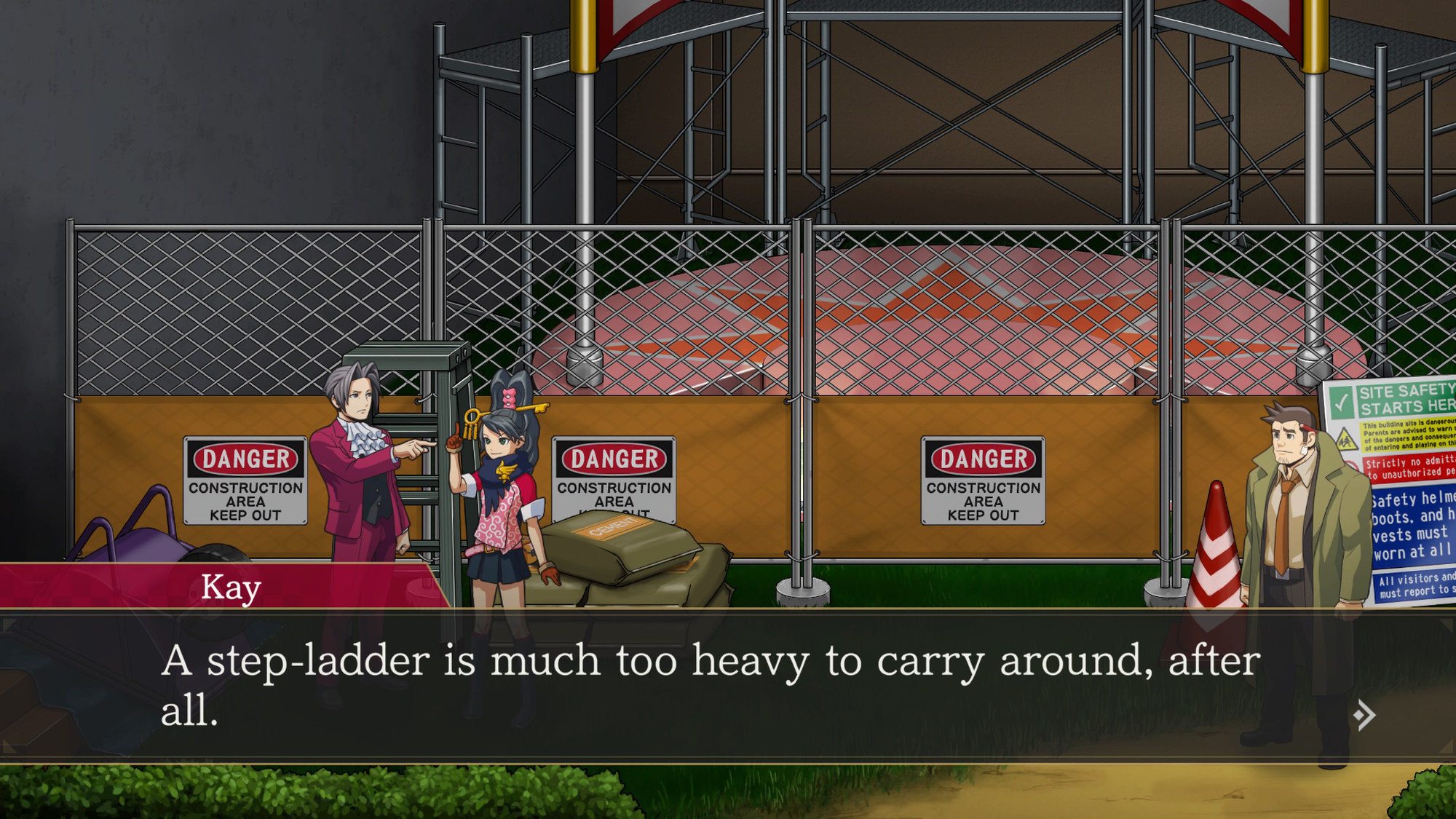 Miles Edgeworth talking to Kay Faraday about ladders vs step-ladders. Kay says: "A step-ladder is much too heavy to carry around, after all."