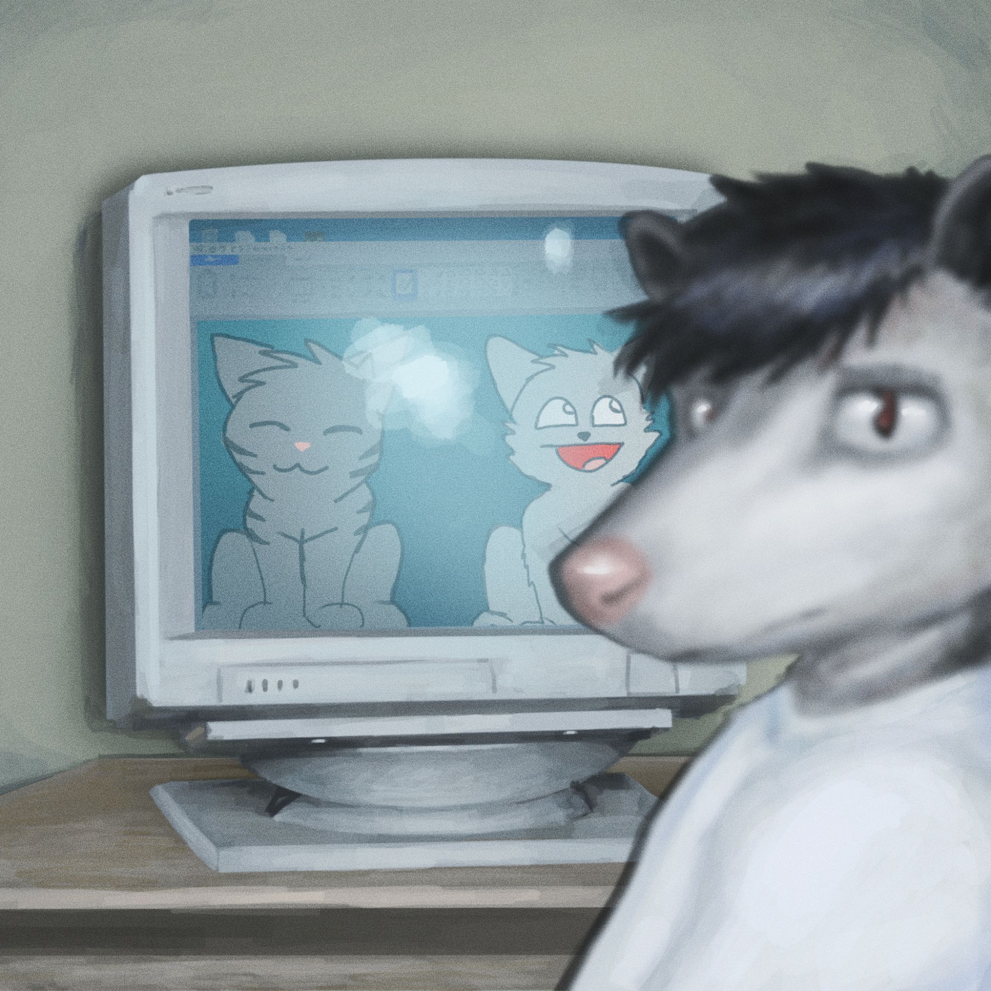 digital painting of an anthropomorphic opossum sitting in front of an old desktop pc, in the style of a digicam photo. the desktop is displaying an ms paint drawing of two cats, one making the "awesome face". the possum is slightly out of focus.