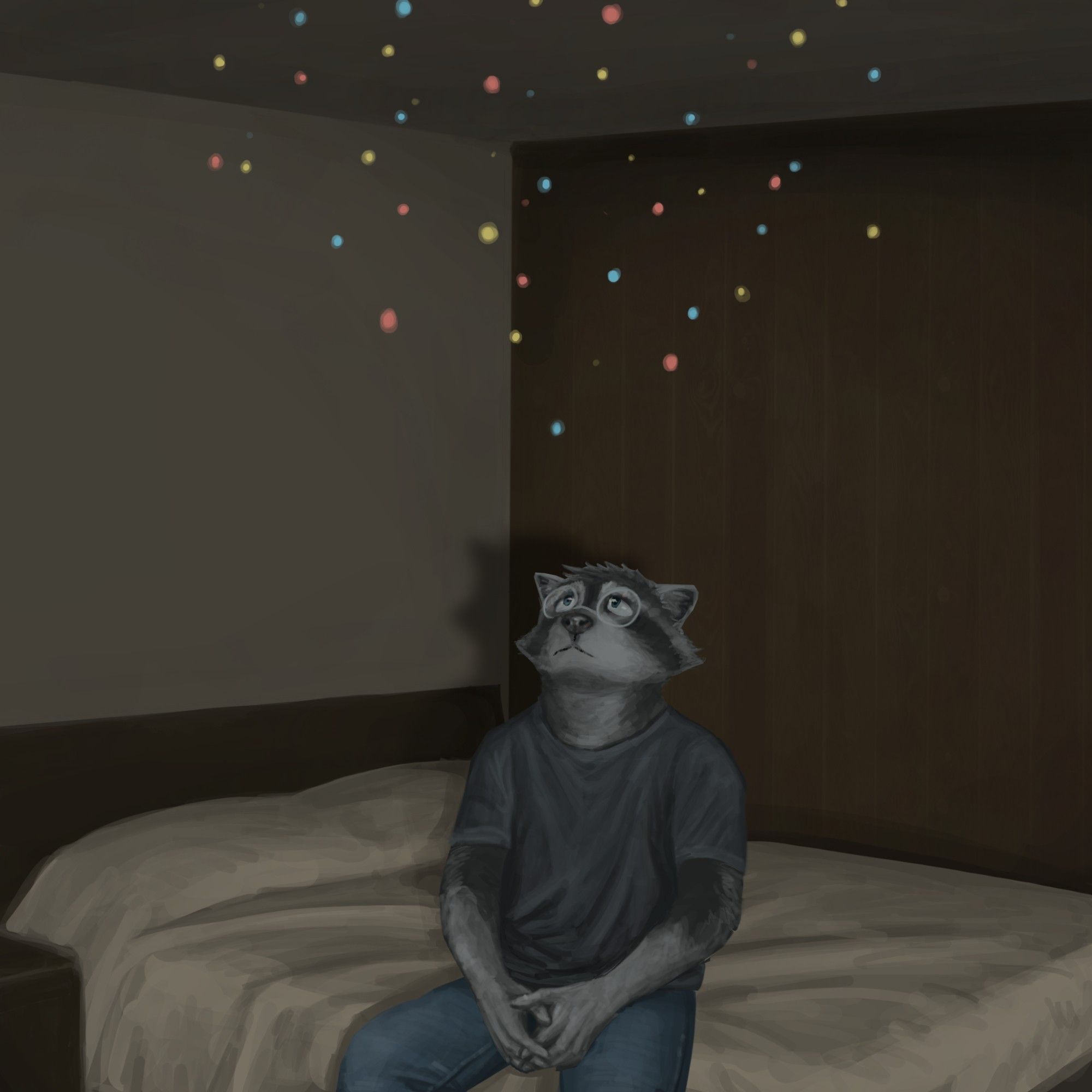 digital painting of my anthropomorphic raccoon oc, isaiah, sitting on a hotel room bed, looking up at several small sparks of different coloured lights above his head. the room is dark, with a wood panelled wall behind. isaiah is wearing a navy blue t-shirt and blue jeans.