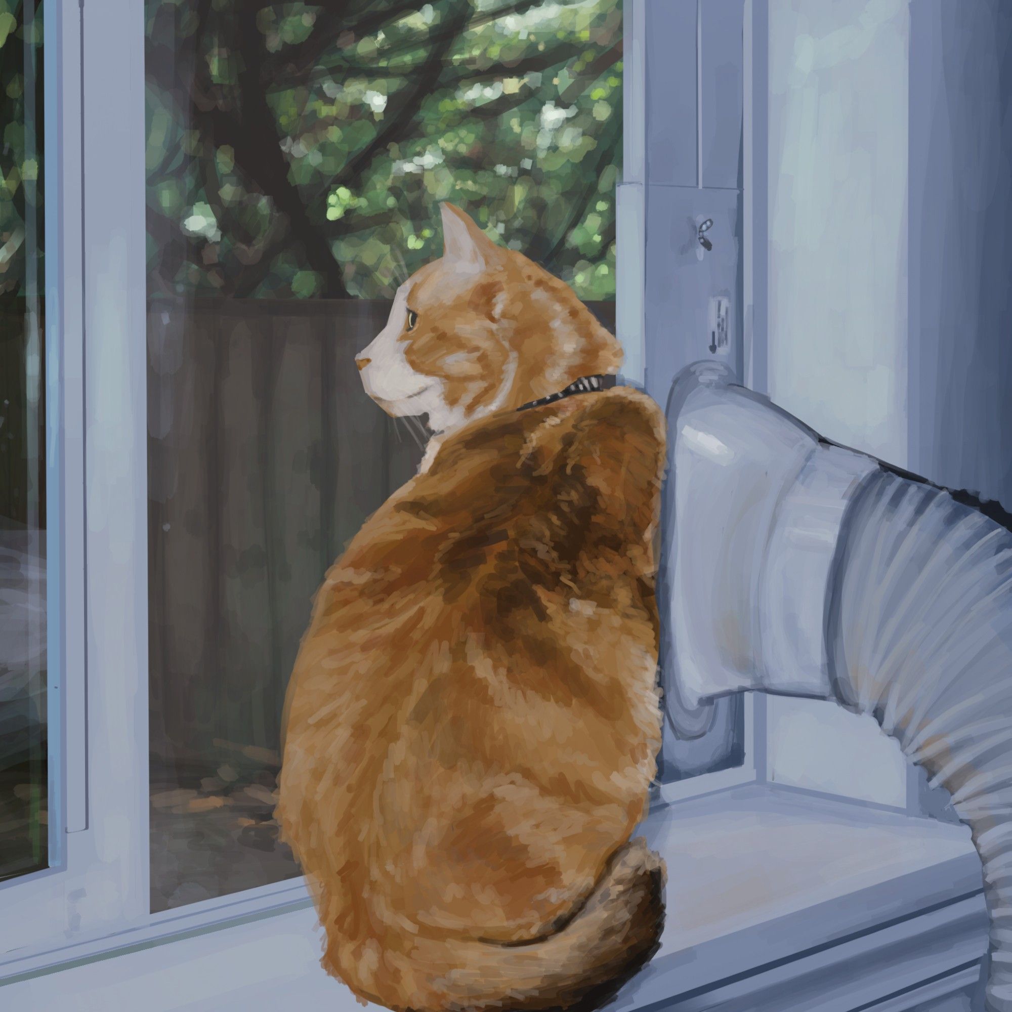 digital painting of an orange and white cat, sitting on a windowsill, looking out into a backyard. the window has an ac unit attached to it.