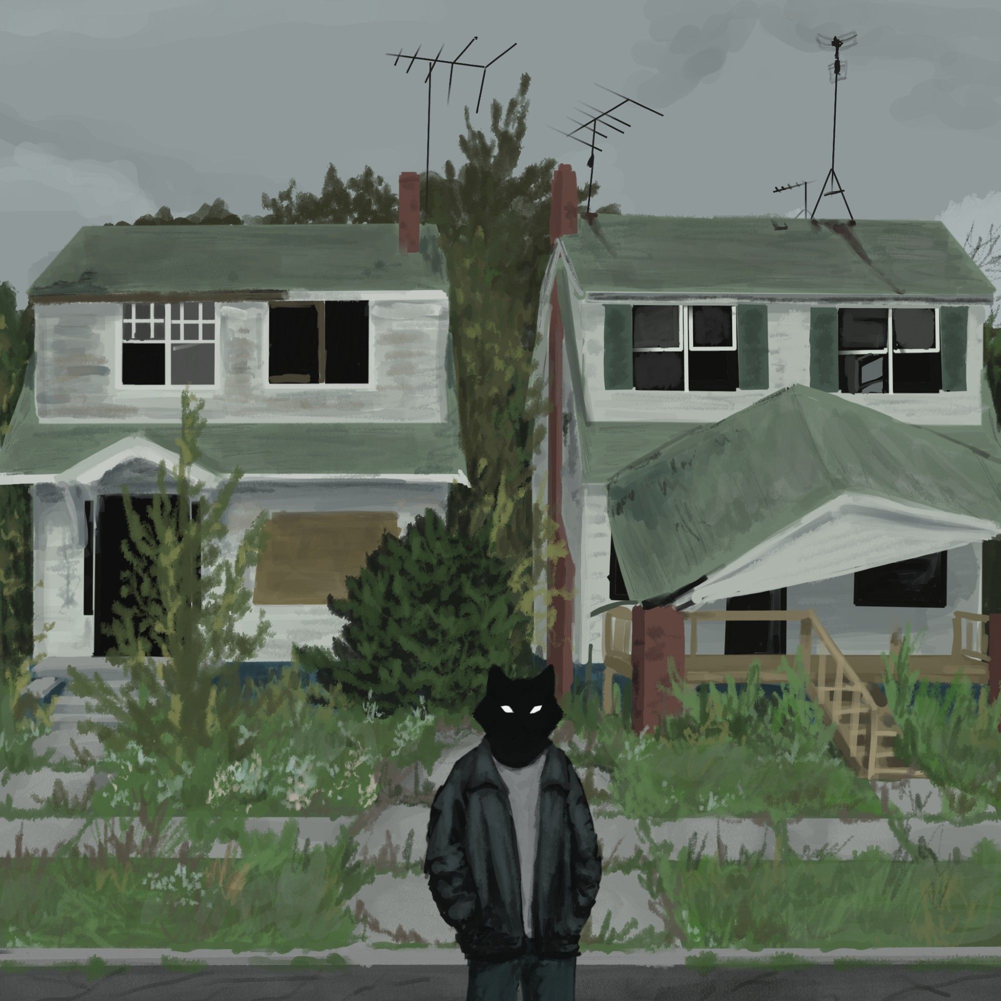 digital painting of a pitch black anthropomorphic cat standing in front of two abandoned houses. lawns are overgrown, and the porch to one has collapsed.