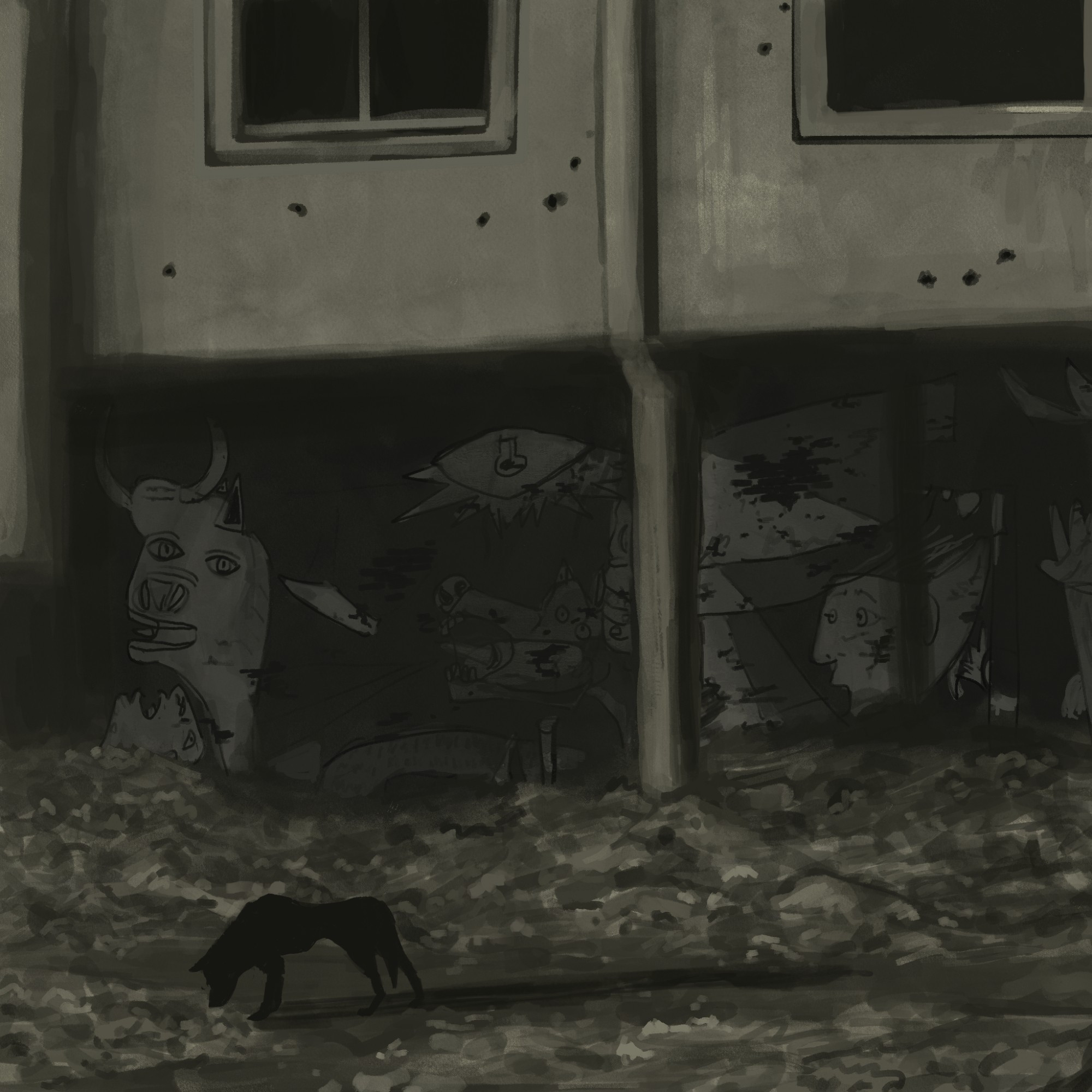 a digital painting of a grey building, surrounded by rubble, as an emaciated black dog in the foreground stares down at the earth. on the building, obscured by shadow, is a faded and damaged recreation of pablo picasso's 1937 painting, "guernica". much of the painting's lower half has been hidden under the rubble.