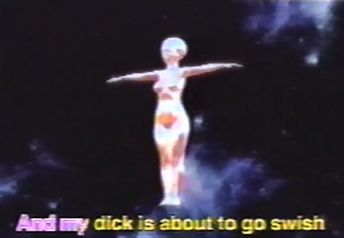 a pizza-texture-lookin' ass alien t-posing in the heavens with half-highlighted karaoke lyrics beneath: "And my dick is about to go swish" (from that old-ass Danny Brown song how is that a decade ago already)