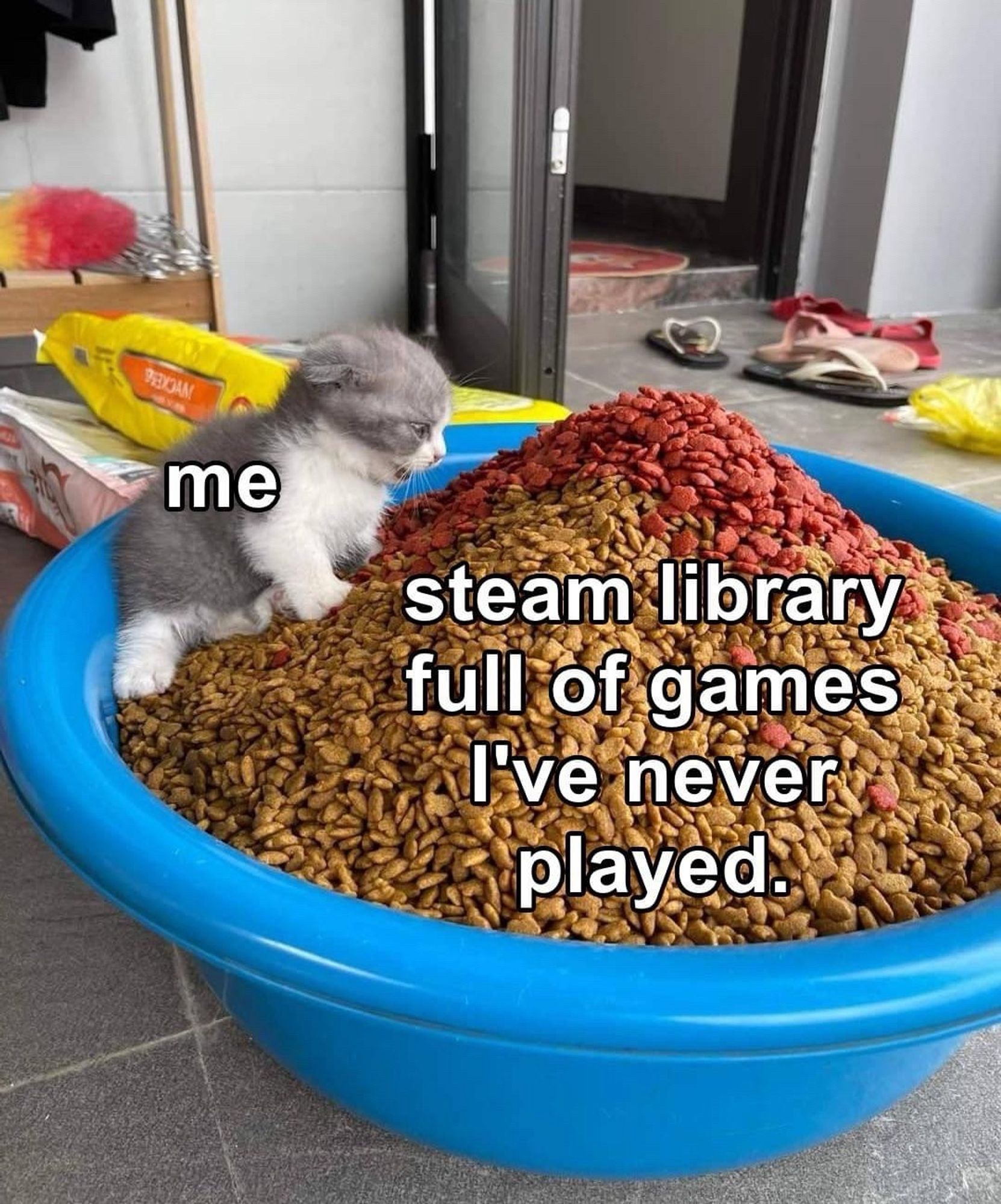 Meme of a kitten in a kiddie pool full of kibble. The cat is “me” and the food is “steam library full of games I’ve never played”