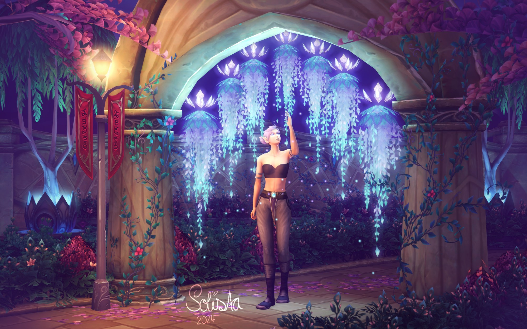 A female (Blood/Void) Elf from World of Warcraft walking through a magical arch in Suramar