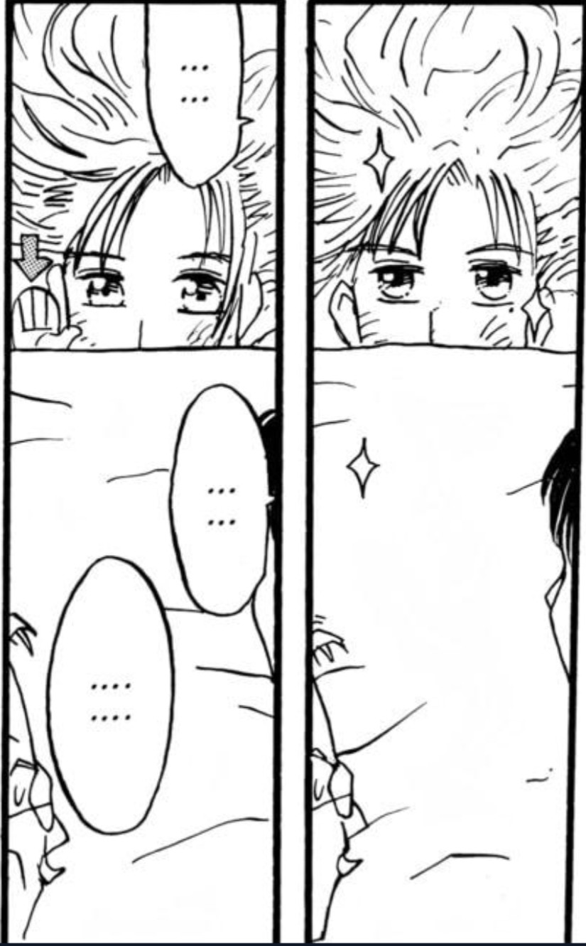 2 panels from Trigun Maximum depicting Vash looking out from under a blanket and raising his silly little hand while his beautiful eyes shimmer 