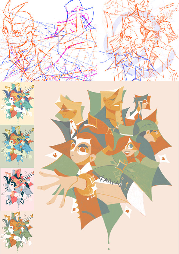 Side by side sketch and final illustration. Assorted abstract/geometric characters from Apollo Justice with a minimal warm palette.