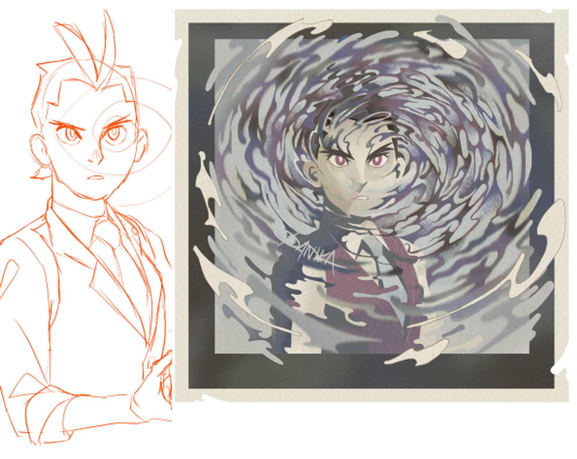 Side by side sketch and final illo comparison. Apollo surrounded by a swirling mass.