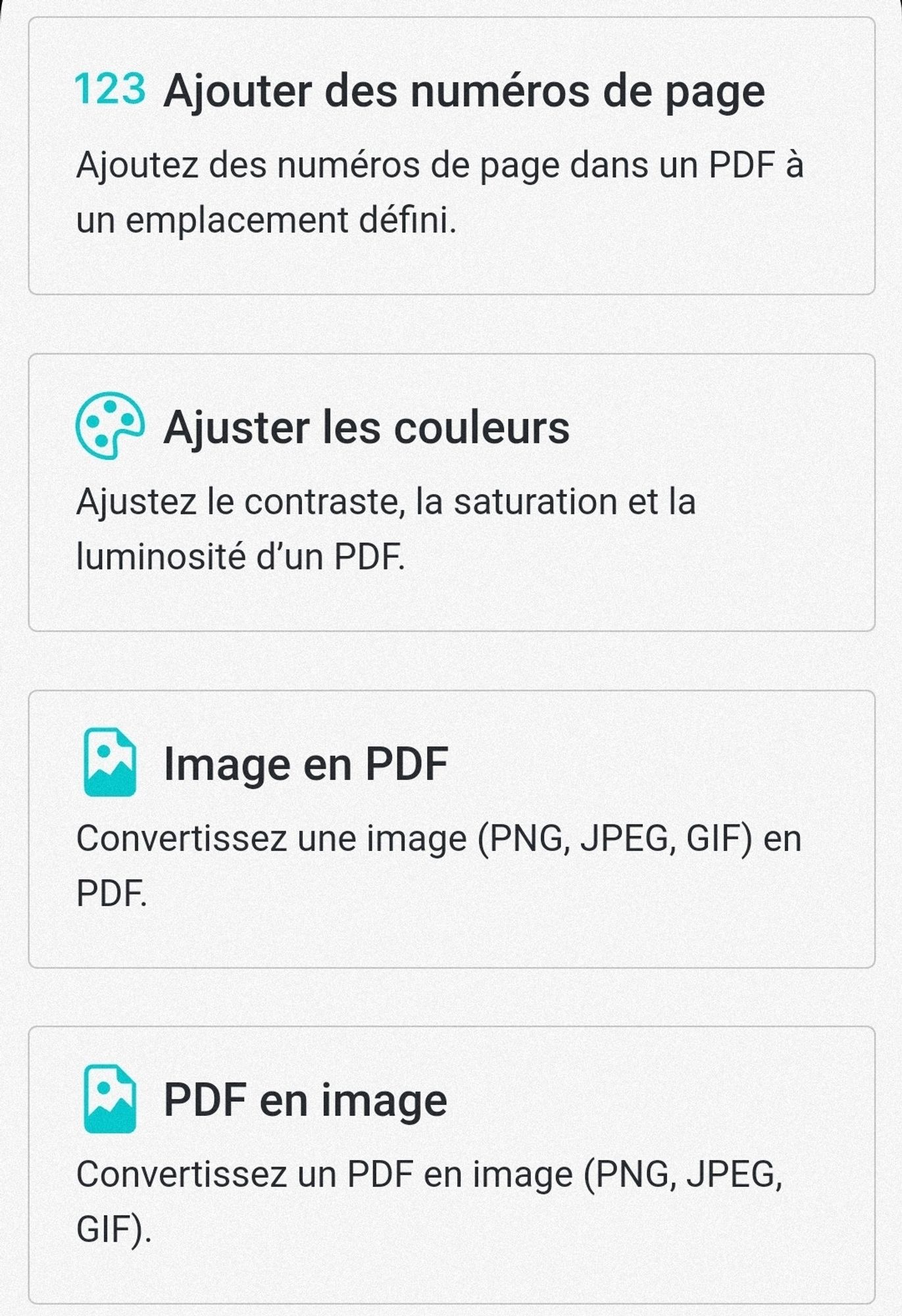 Ajouter des numéros de page - Ajuster les couleurs - Image en PDF - PDF en image