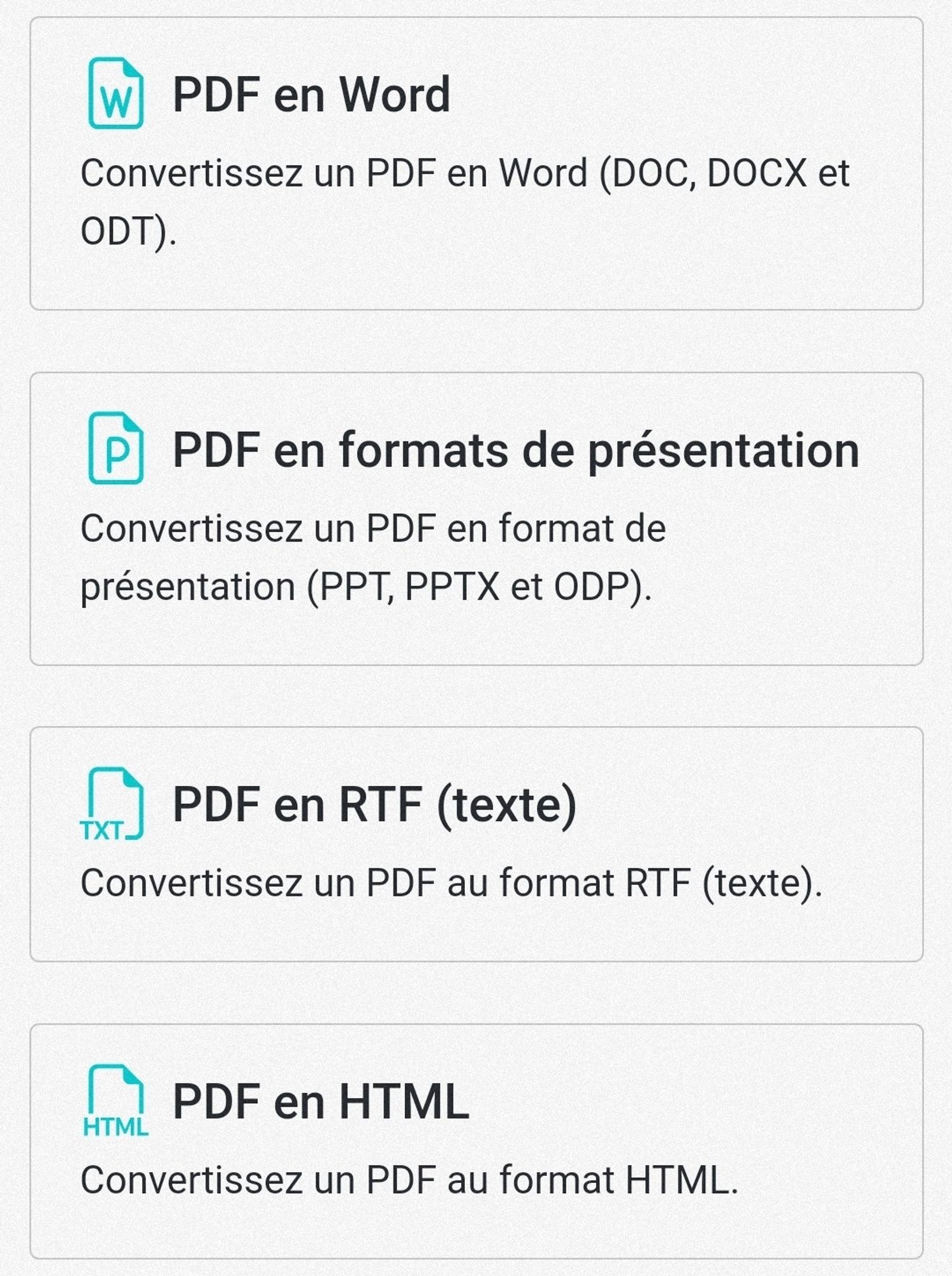 PDF en Word - PDF en formats de présentation - PDF en RTF (texte) - PDF en HTML