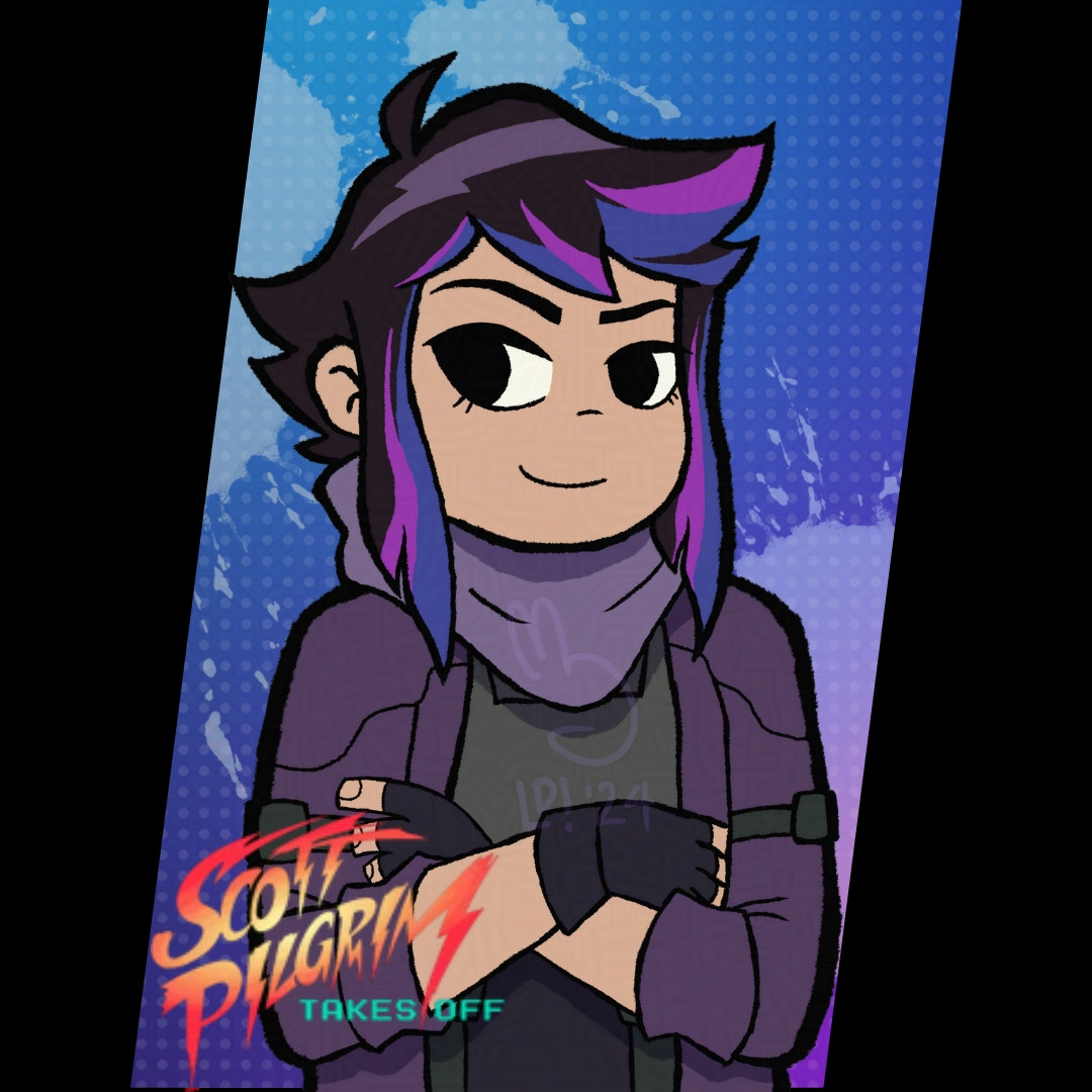 A cartoon illustration of an Apex Legends OC/self-insert in the same art style as the Scott Pilgrim Takes Off anime. The character has choppy shoulder-length black hair with blue and violet streaks as they look to the side confidently. Their arms are crossed. 